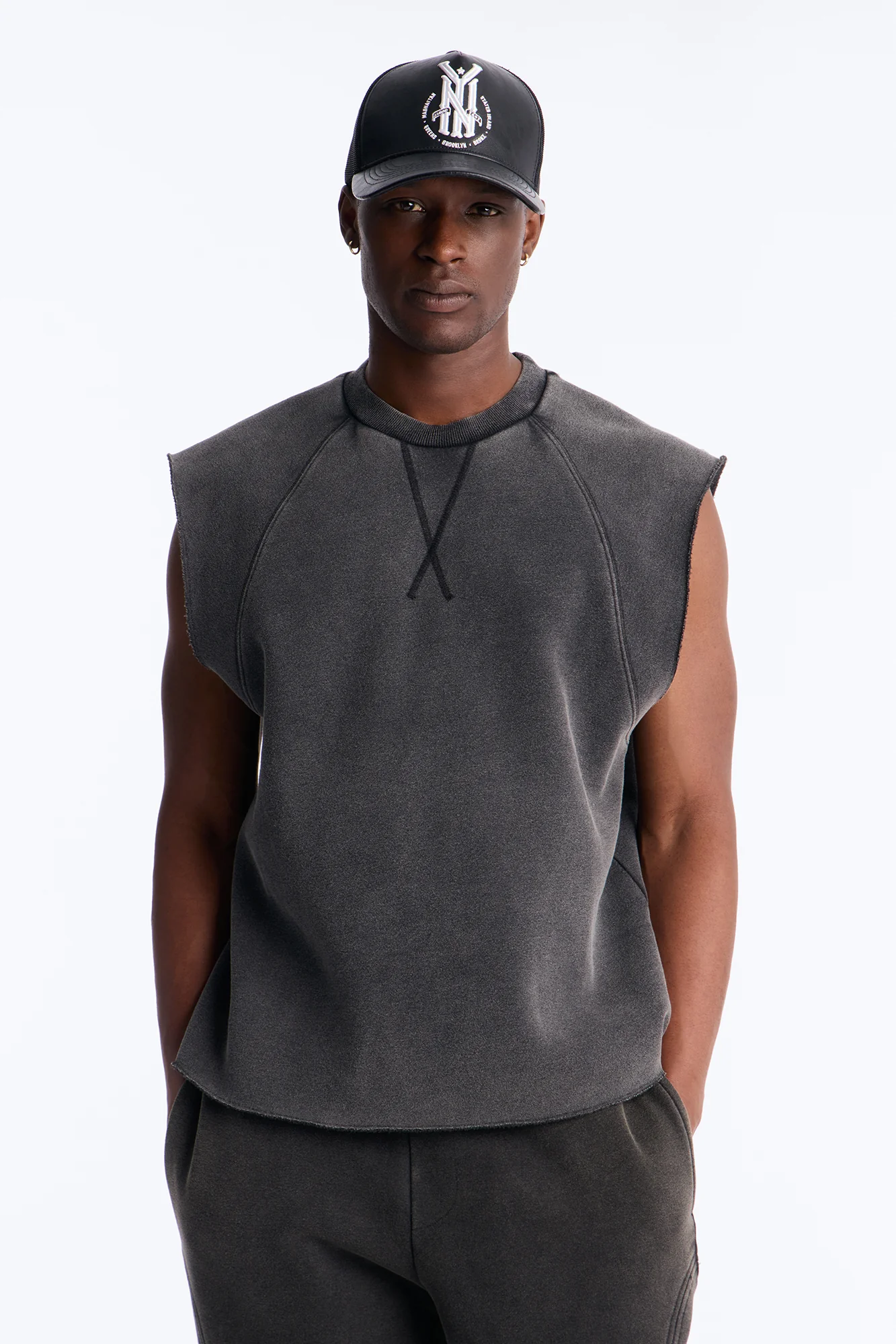 Washed Raw Edge Relaxed Muscle Tee - Black Wash