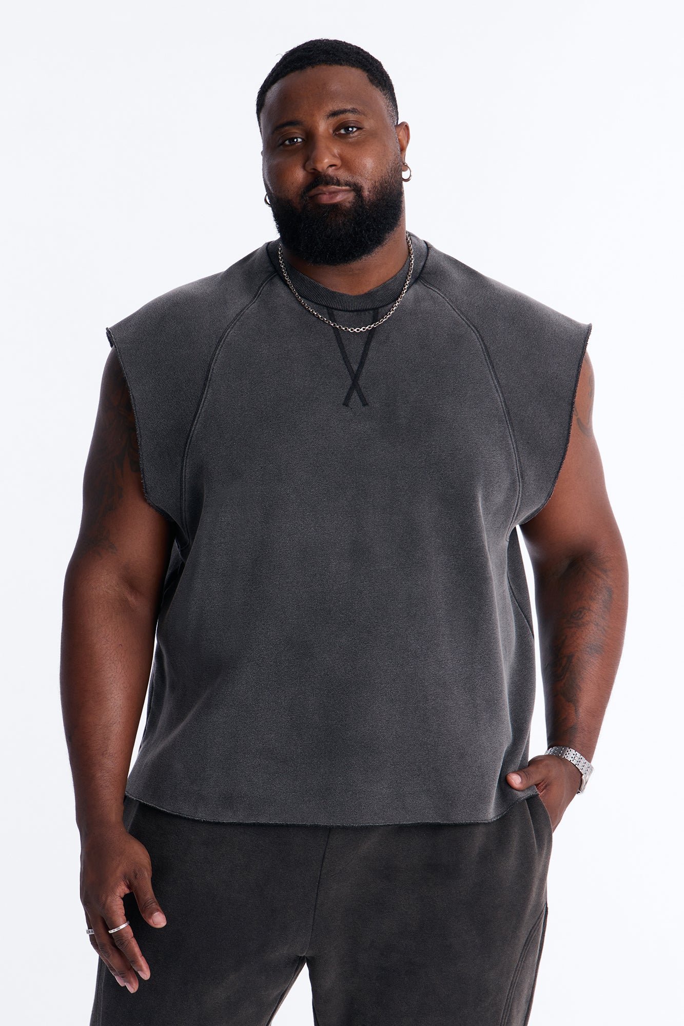 Washed Raw Edge Relaxed Muscle Tee - Black Wash - Image 5
