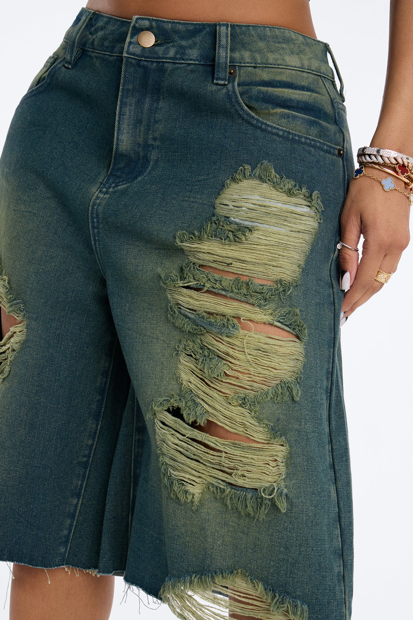 Watch Me Go Ripped Denim Shorts - Military Green - Image 3