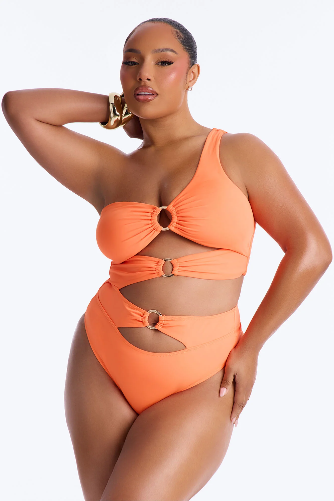 Water You Doing One Shoulder Cut Out O-Rings 1 Piece Swimsuit - Orange - Image 6