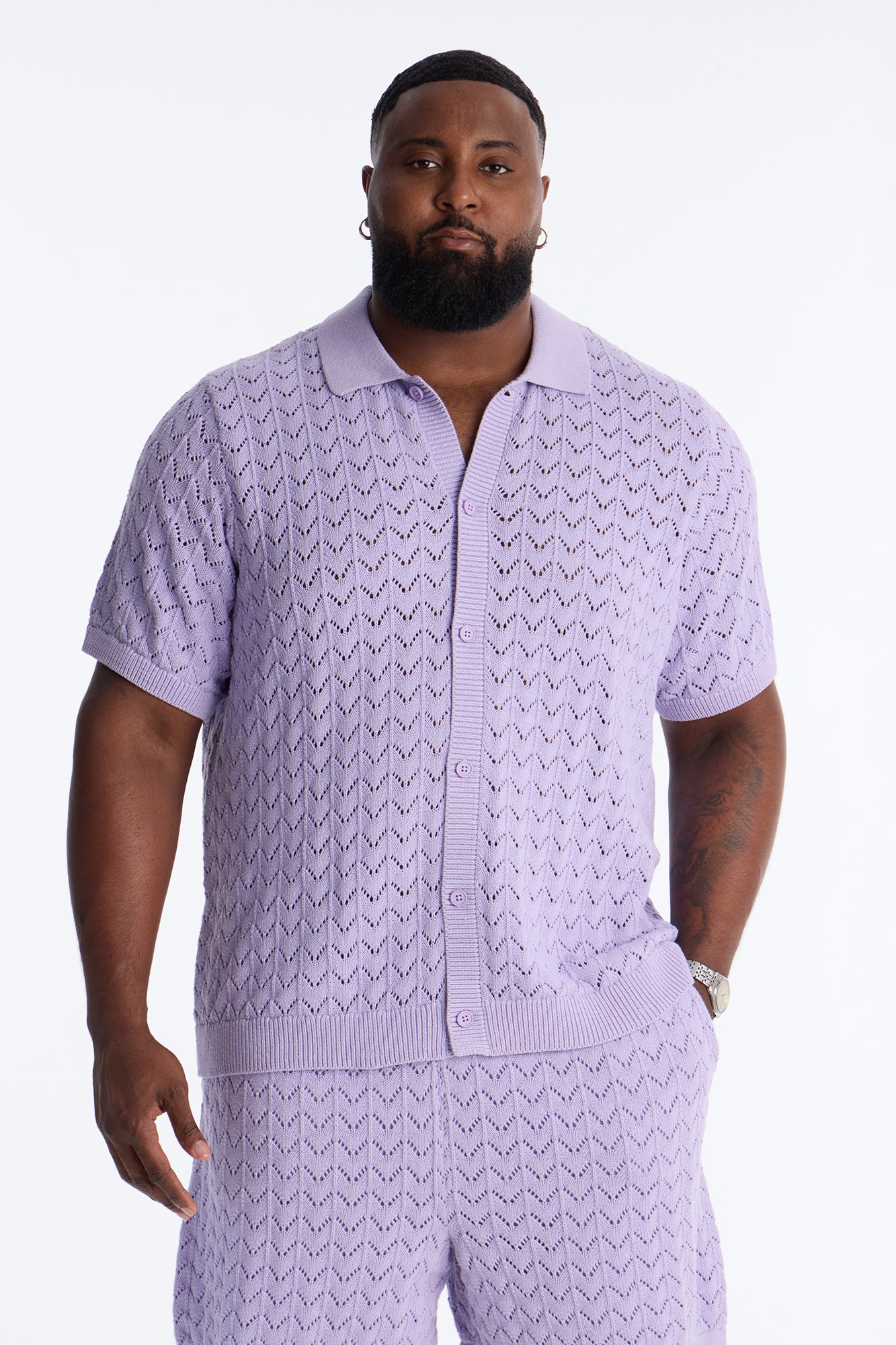 Waterfall Texture Open Knit Shirt - Lavender - Image 5