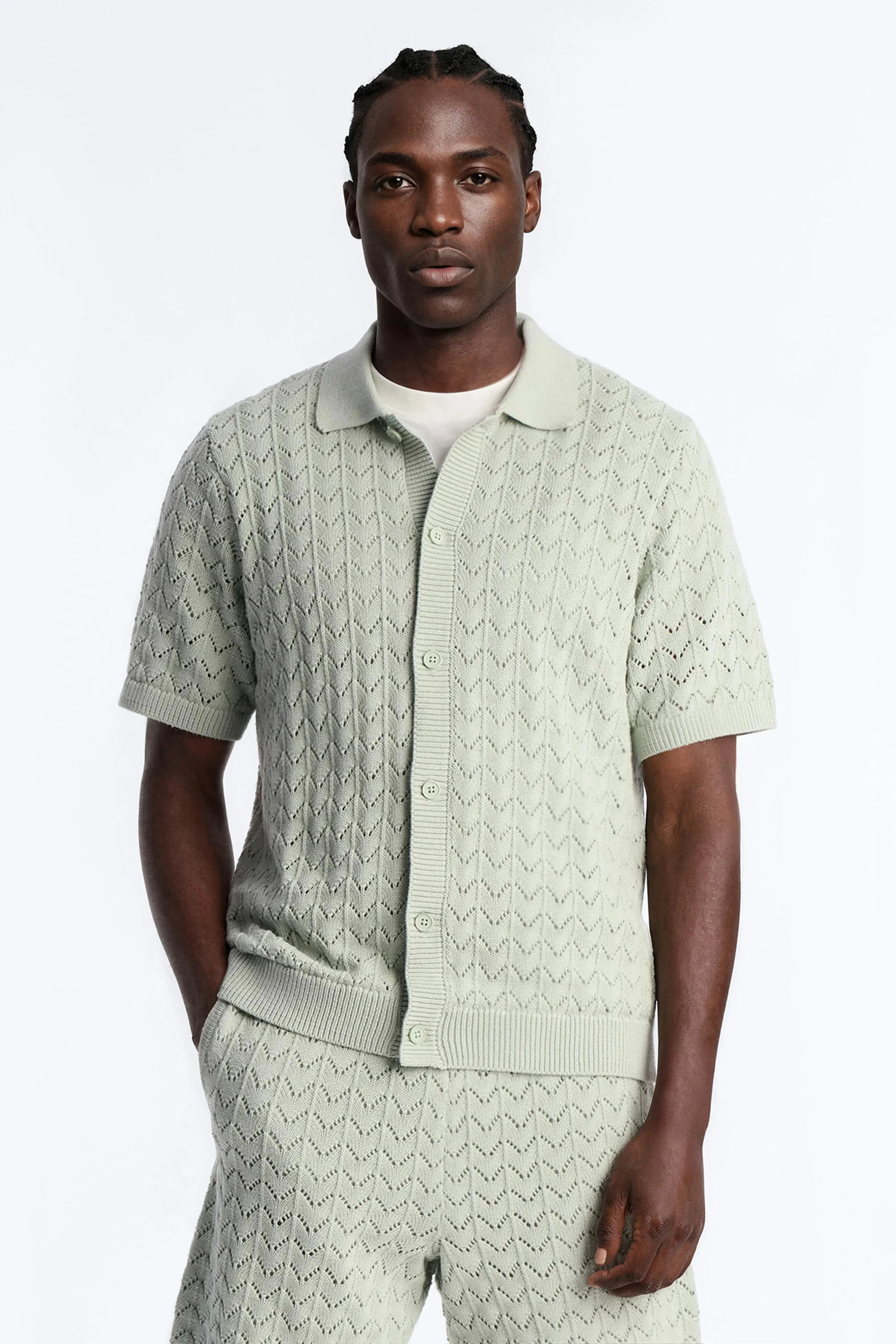 Waterfall Texture Open Knit Shirt - Sage - Image 3