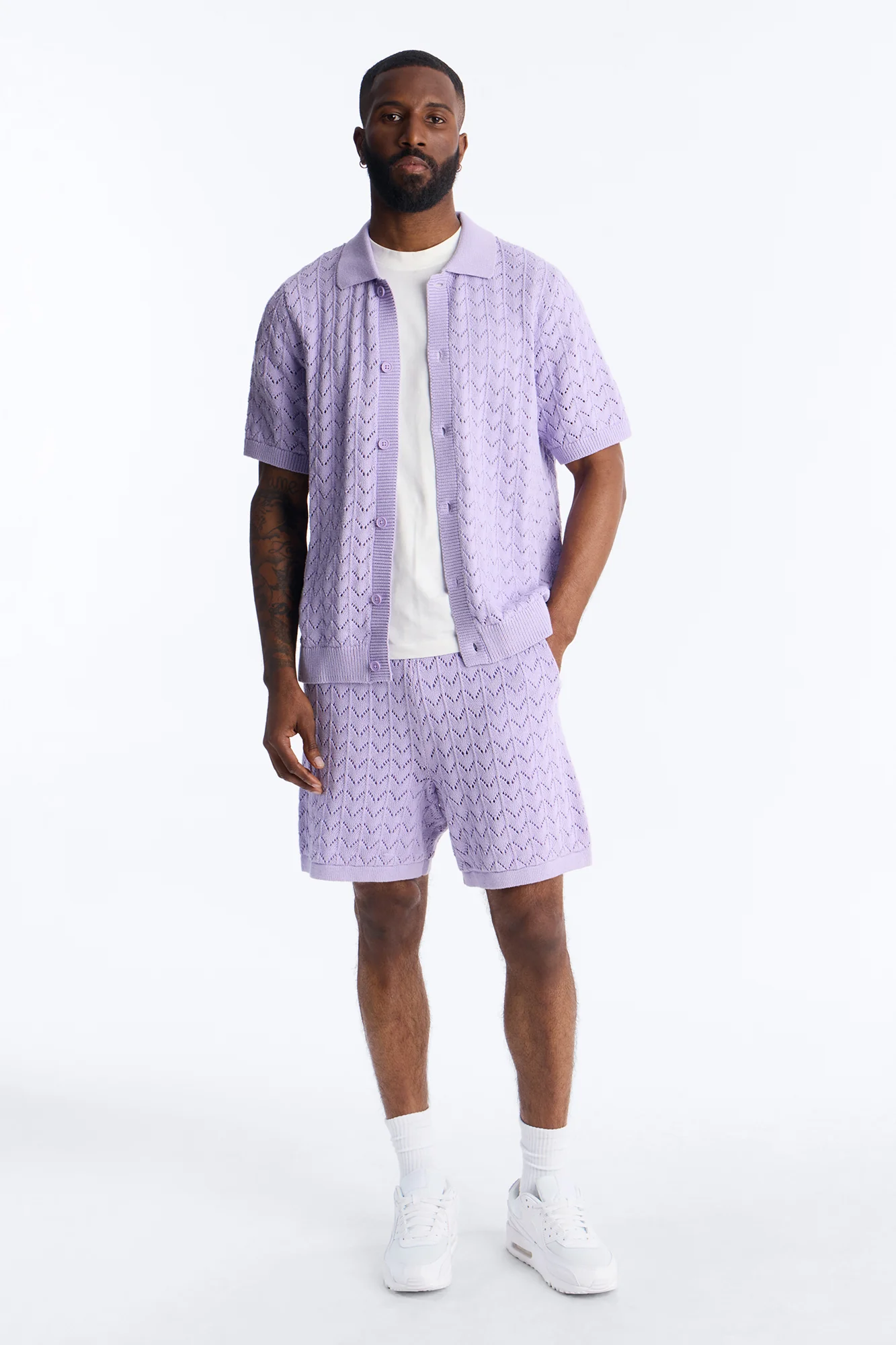 Waterfall Texture Open Knit Shorts - Lavender - Image 2