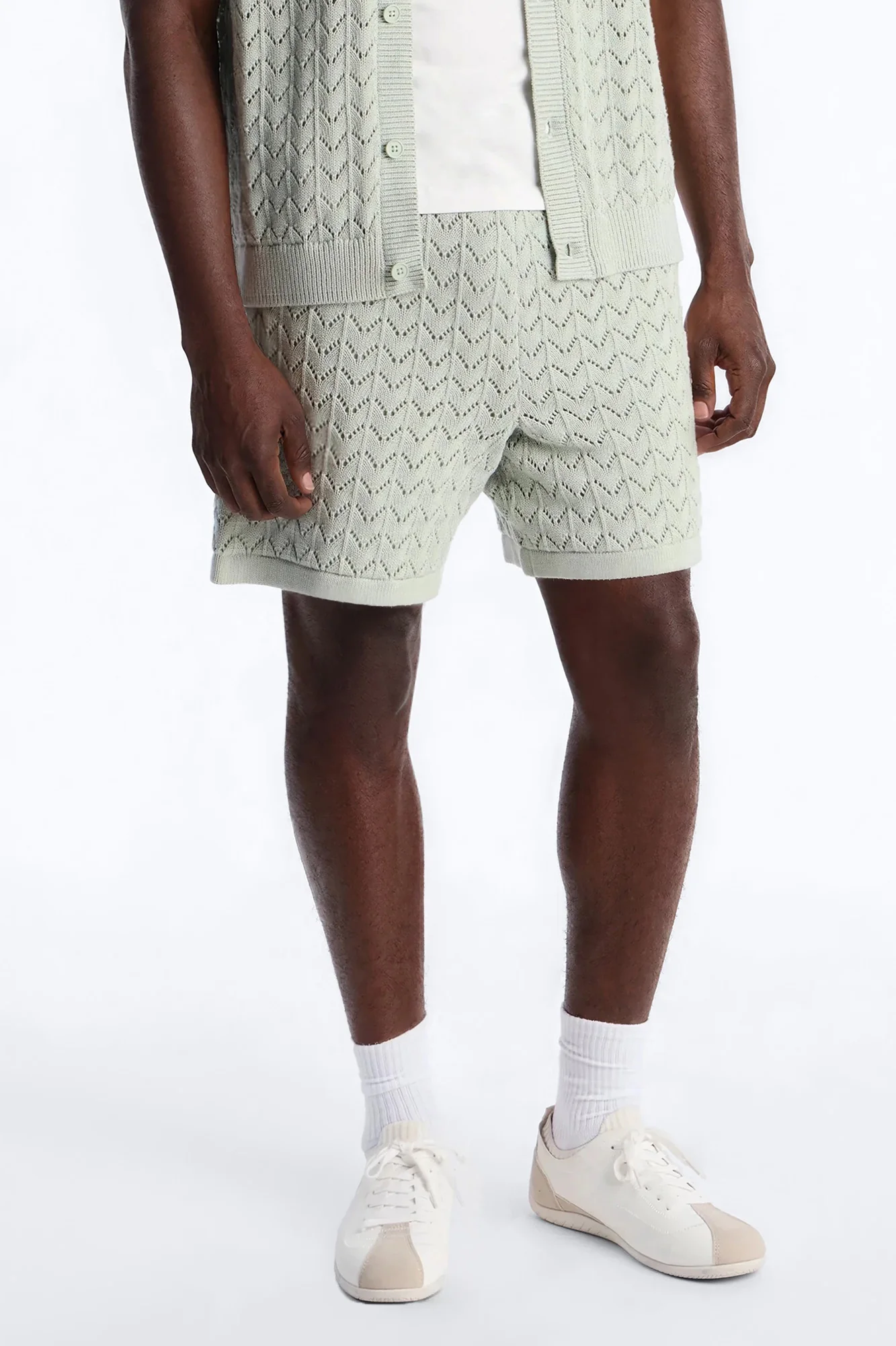 Waterfall Texture Open Knit Shorts - Sage