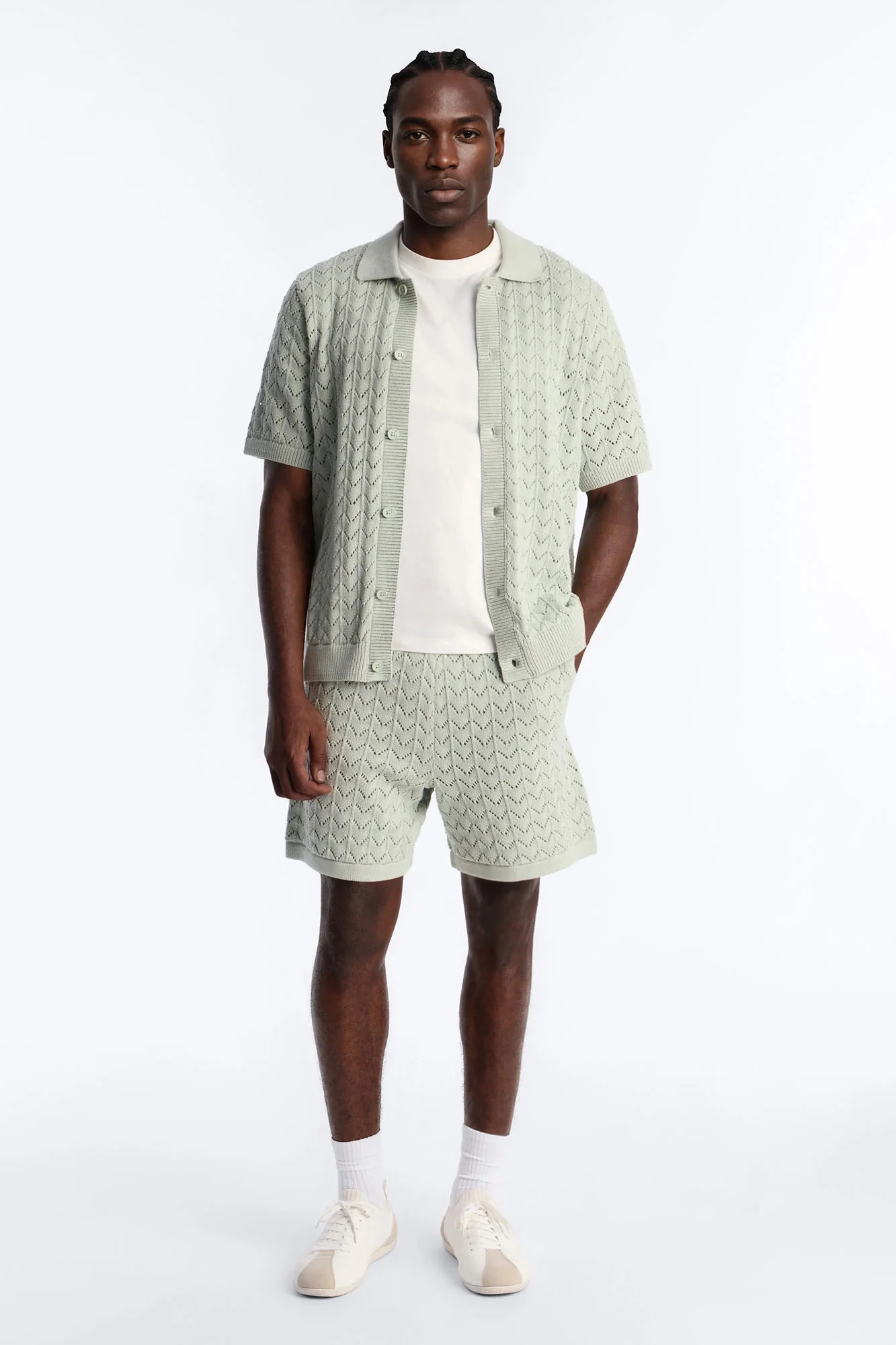 Waterfall Texture Open Knit Shorts - Sage - Image 2