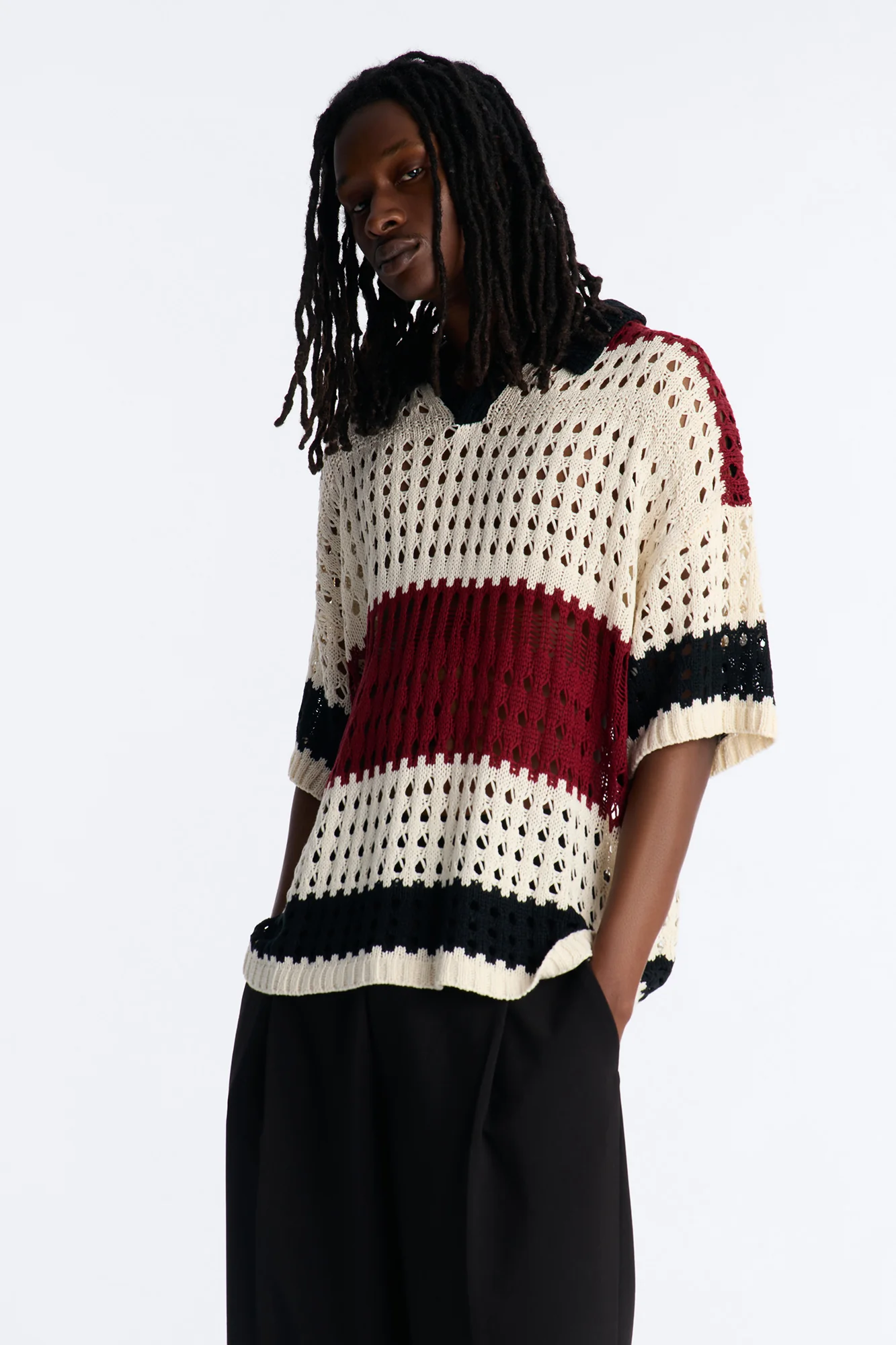 Weathered Stripe Knitted Polo - Burgundy