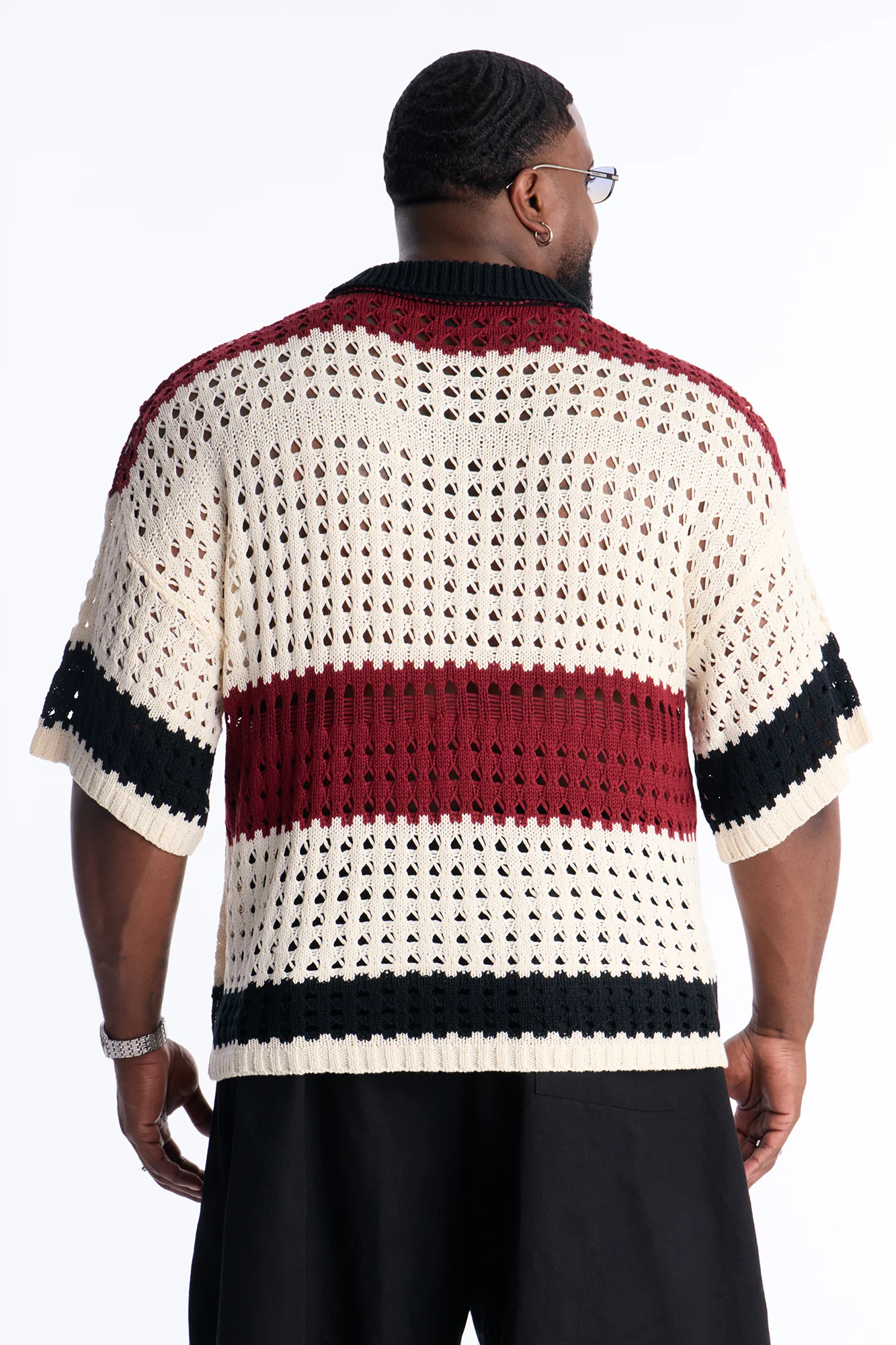Weathered Stripe Knitted Polo - Burgundy - Image 8