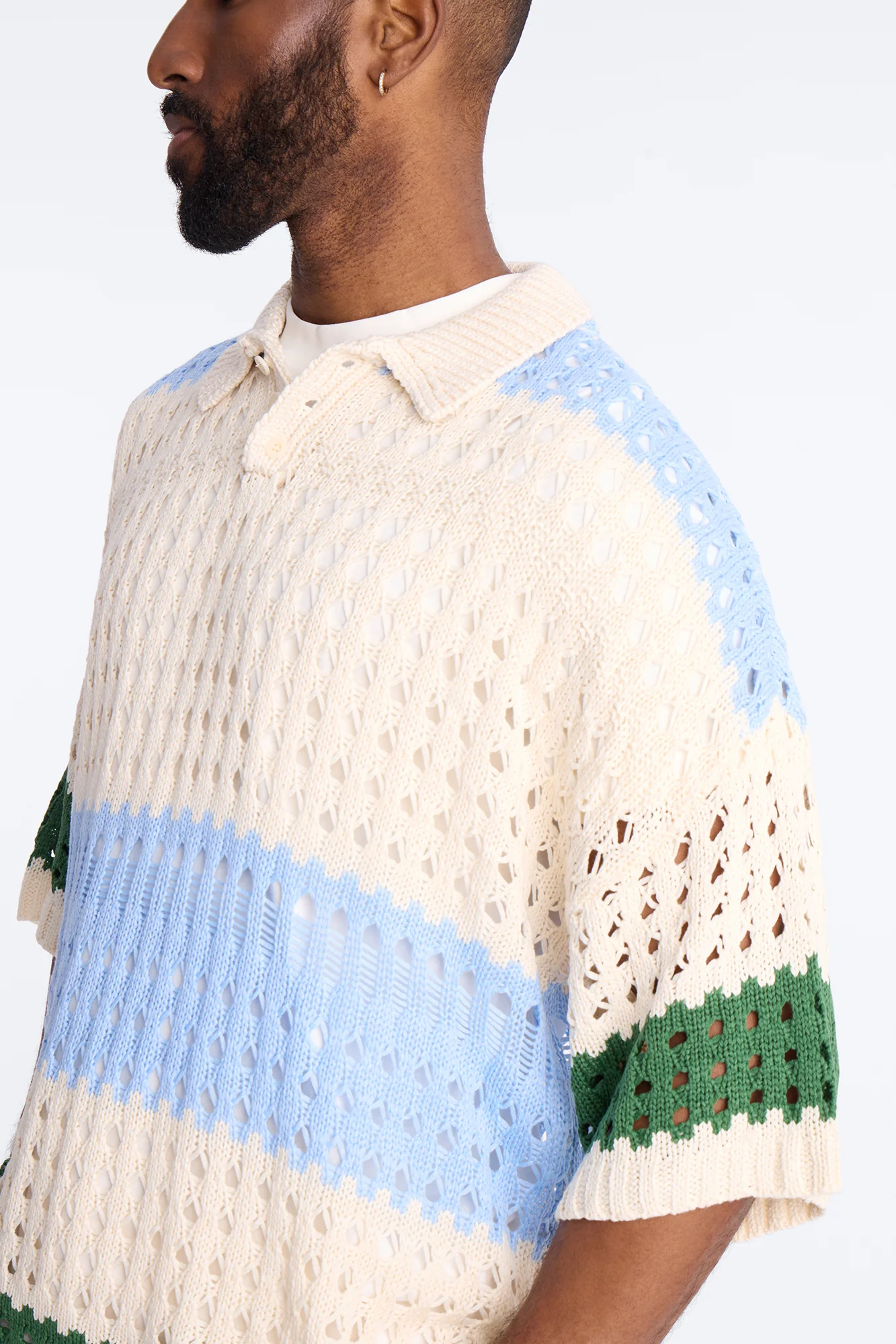 Weathered Stripe Knitted Polo - Light Blue - Image 3
