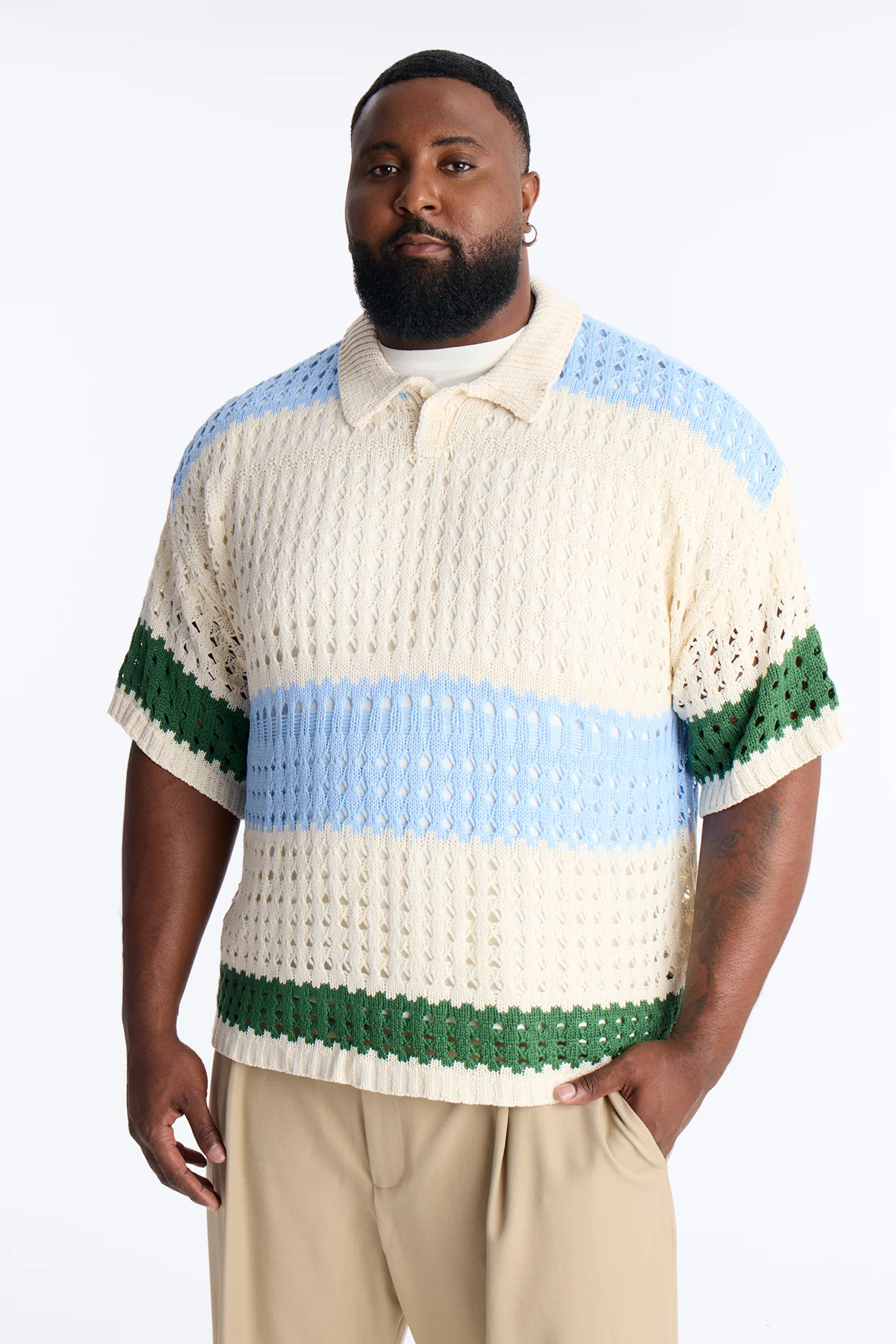 Weathered Stripe Knitted Polo - Light Blue - Image 5
