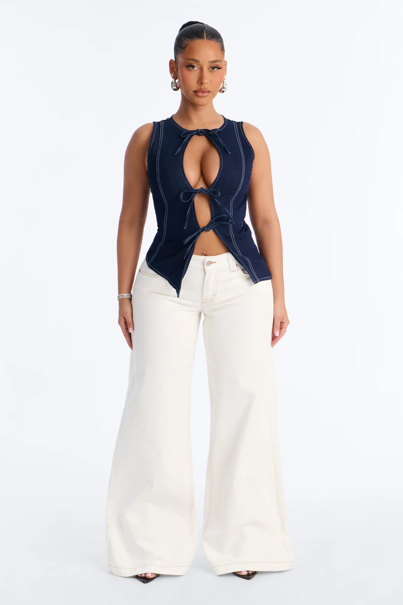Weekend Glow Strappy Tie Front Denim Top - Dark Wash - Image 2