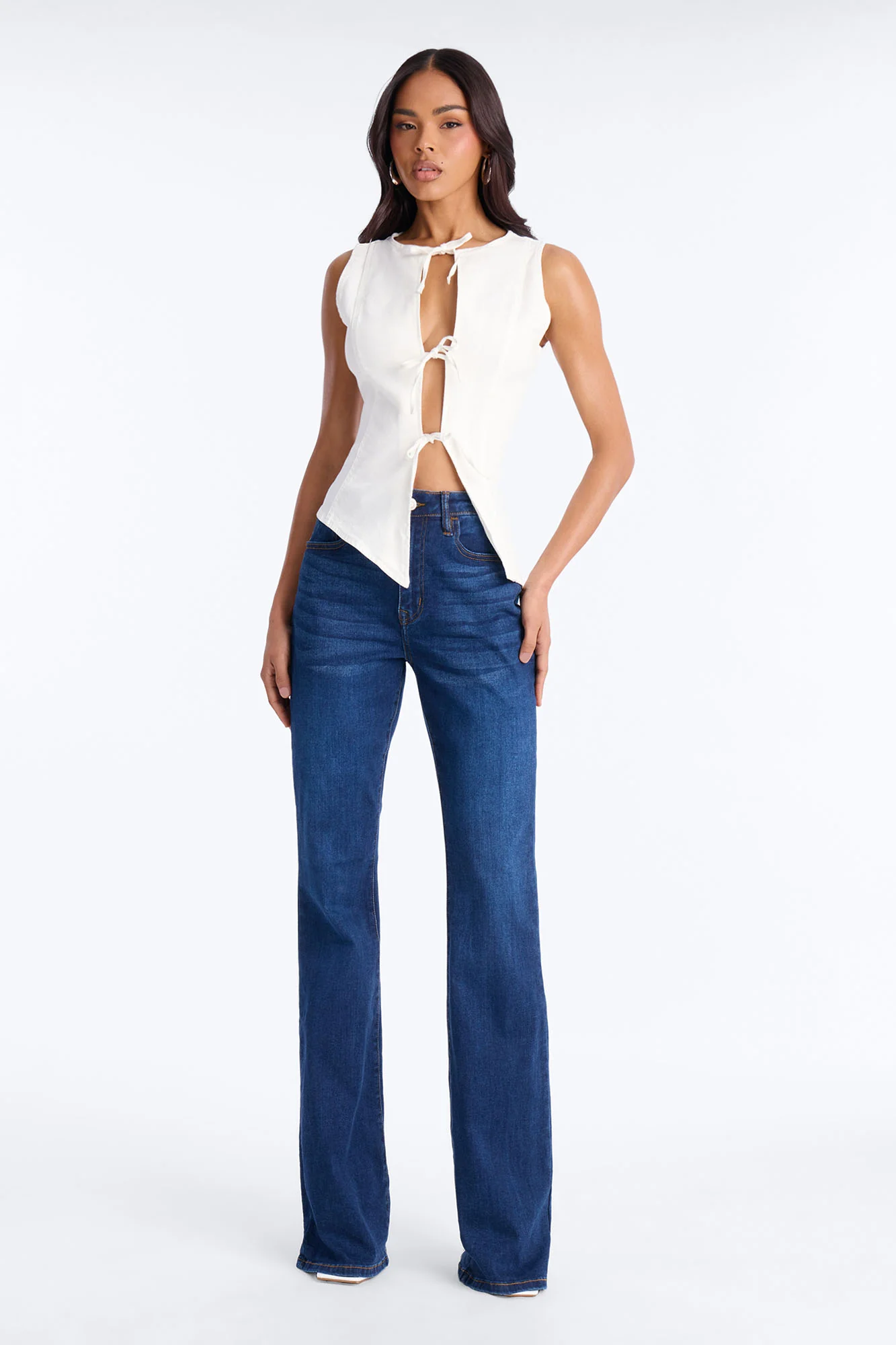 Weekend Glow Strappy Tie Front Denim Top - White - Image 2