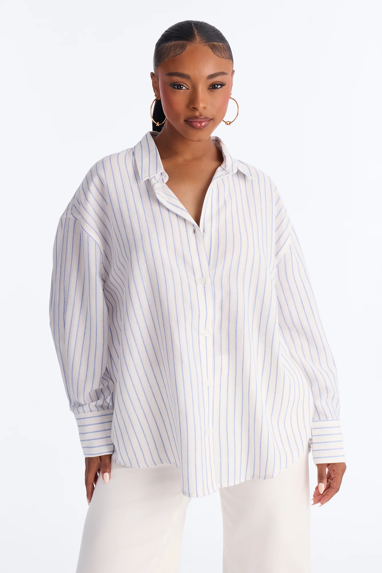 Weekend Mood Oversized Stripe Linen Shirt - Blue/combo