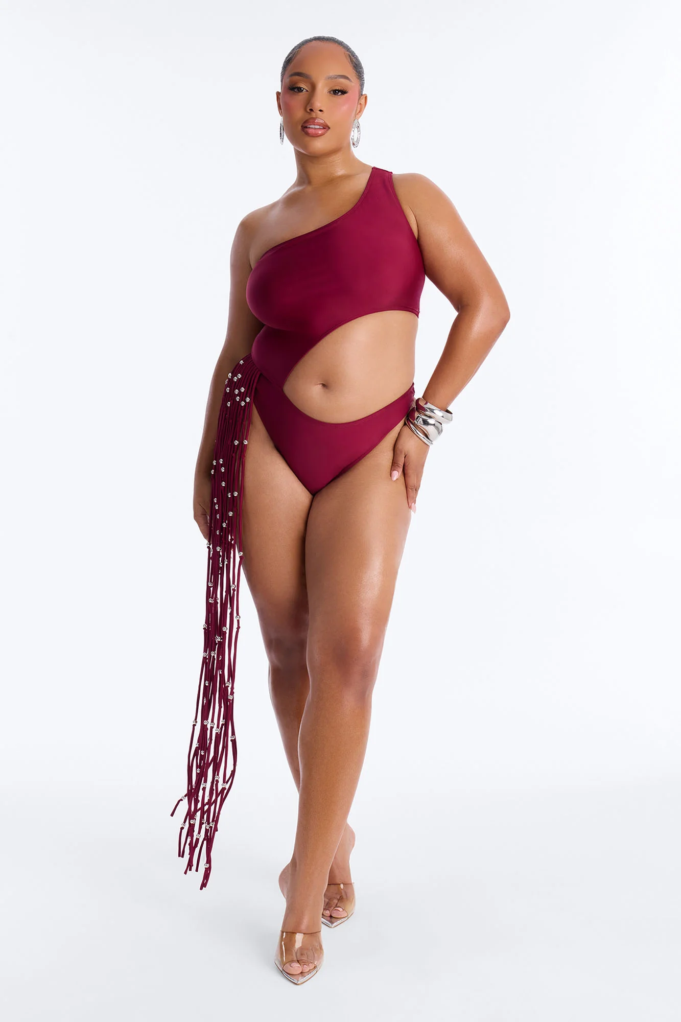 Wendy Fringe Cut Out 1 Piece Swimsuit - Burgundy - Image 5