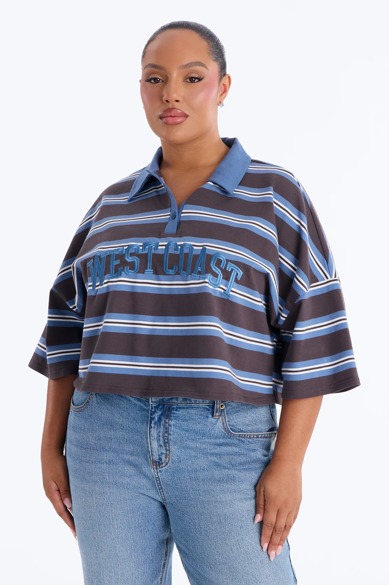 West Coast Stripe Cropped Polo Top - Blue/combo - Image 5