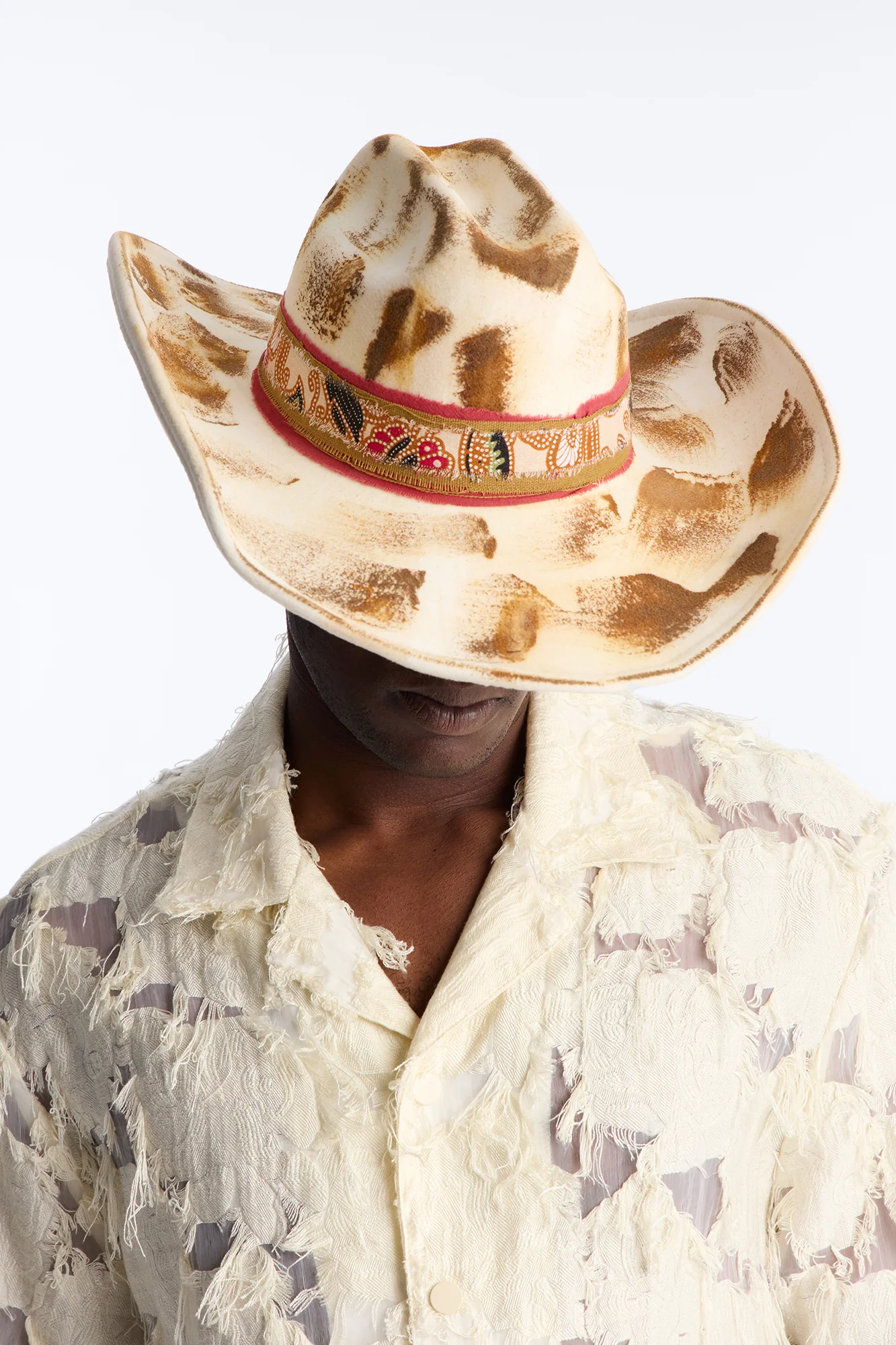 Western Brushed Detail Cowboy Hat - Ivory/combo