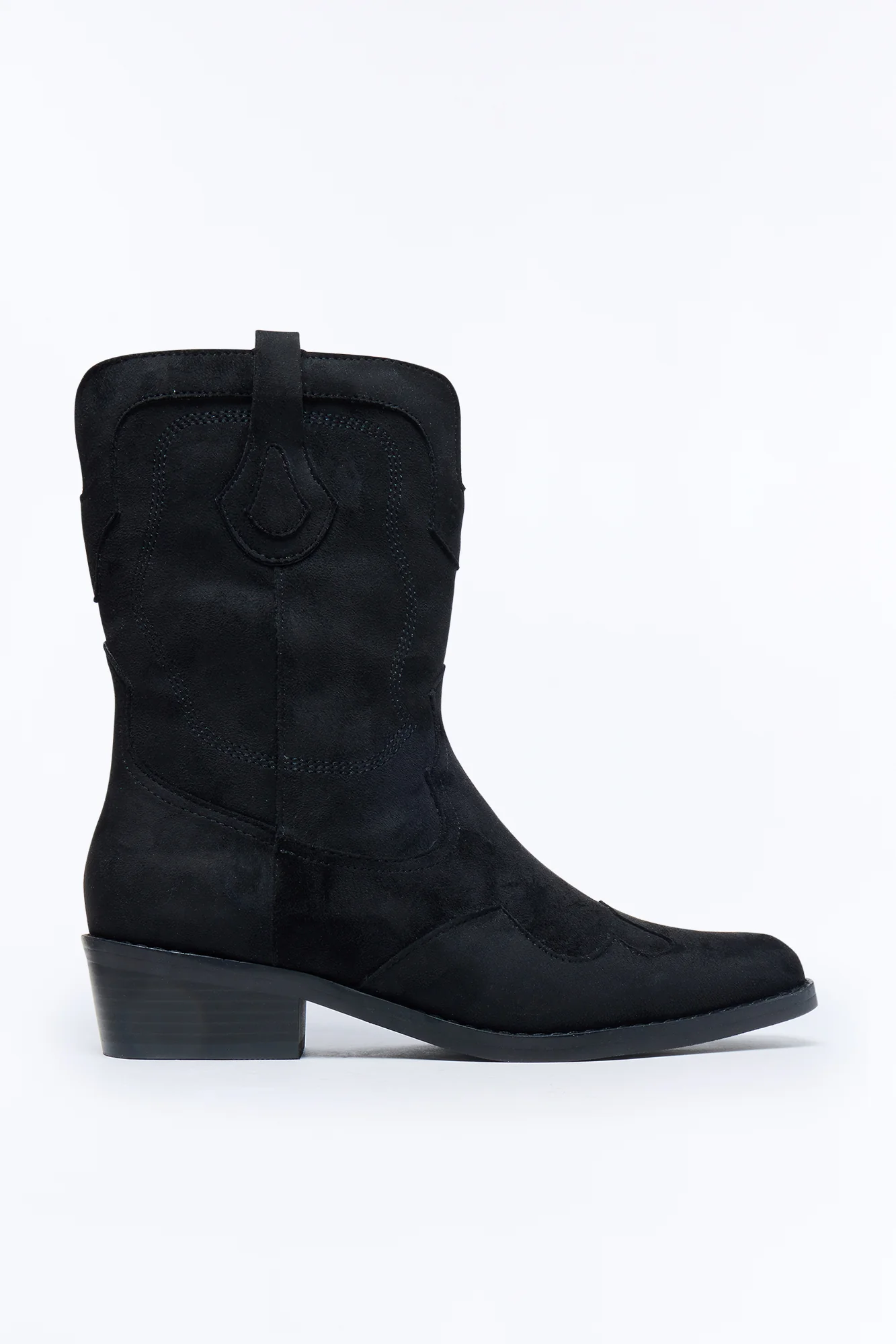 Western Faux Suede Pull On Cowboy Boots - Black