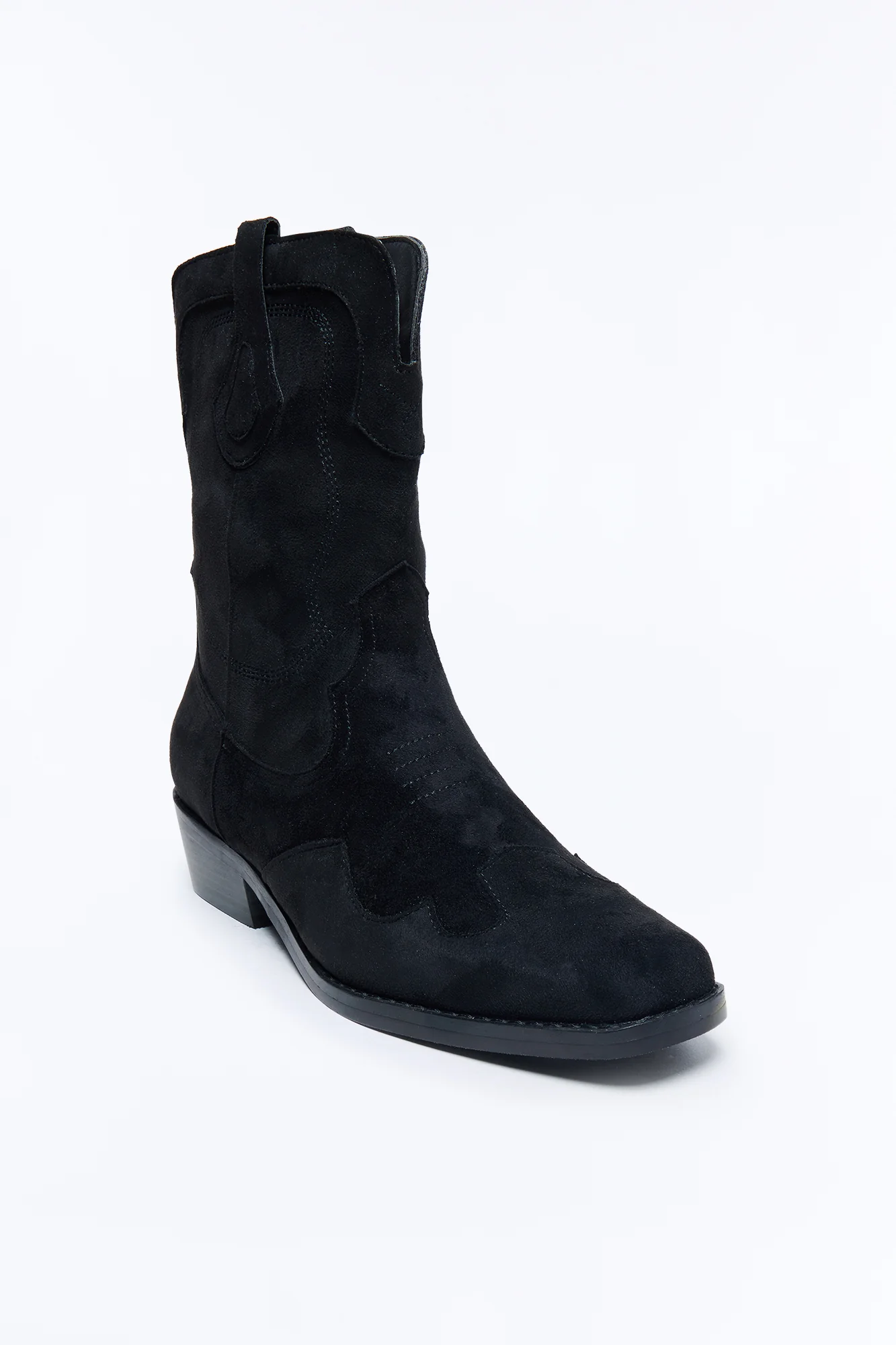 Western Faux Suede Pull On Cowboy Boots - Black - Image 2