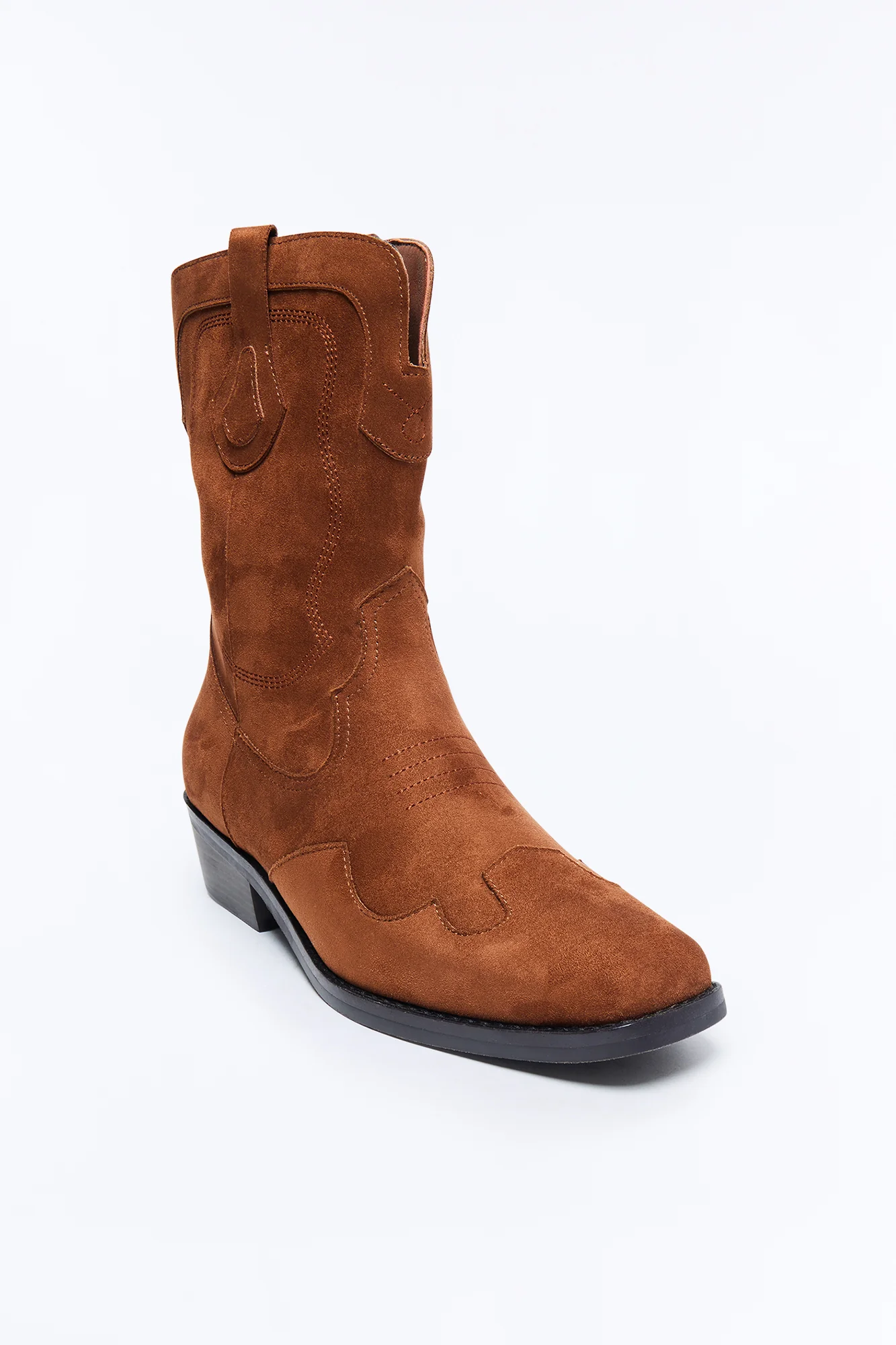 Western Faux Suede Pull On Cowboy Boots - Brown - Image 2