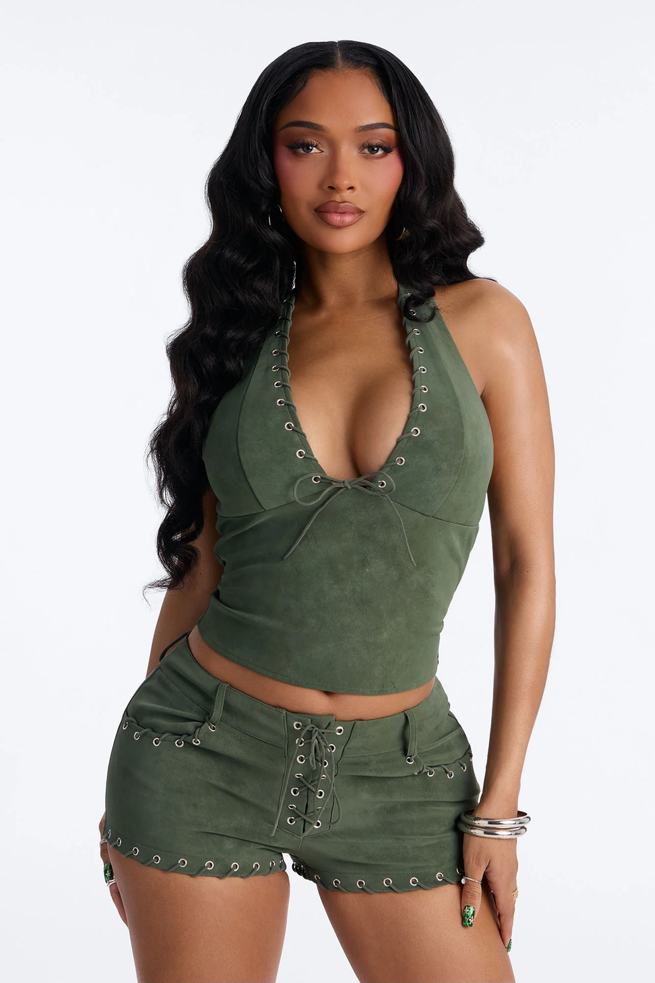 Western Twist Halter Short Set - Olive - Image 2