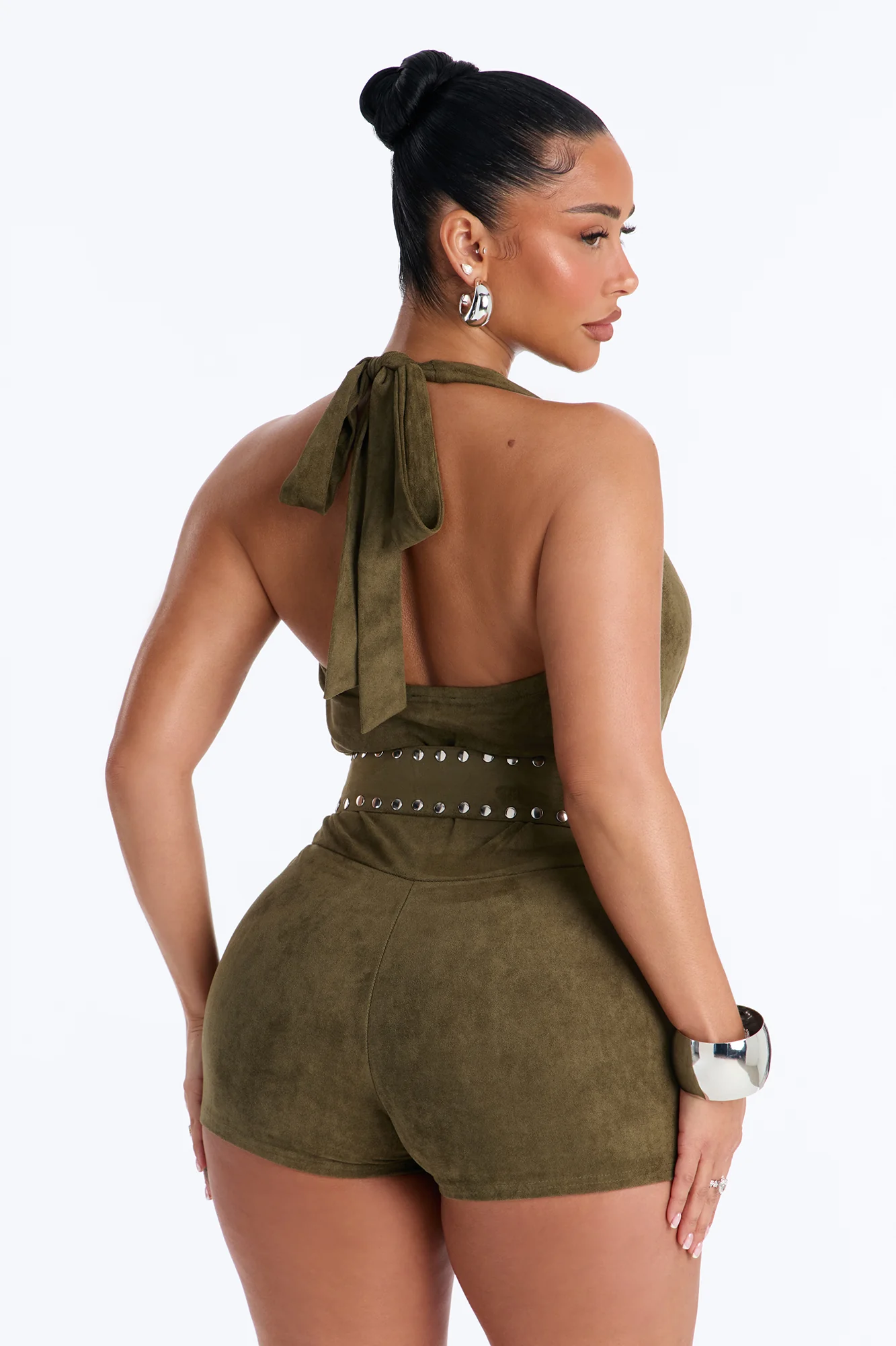 Western Wonder Cowl Neck Faux Suede Romper - Olive - Image 4