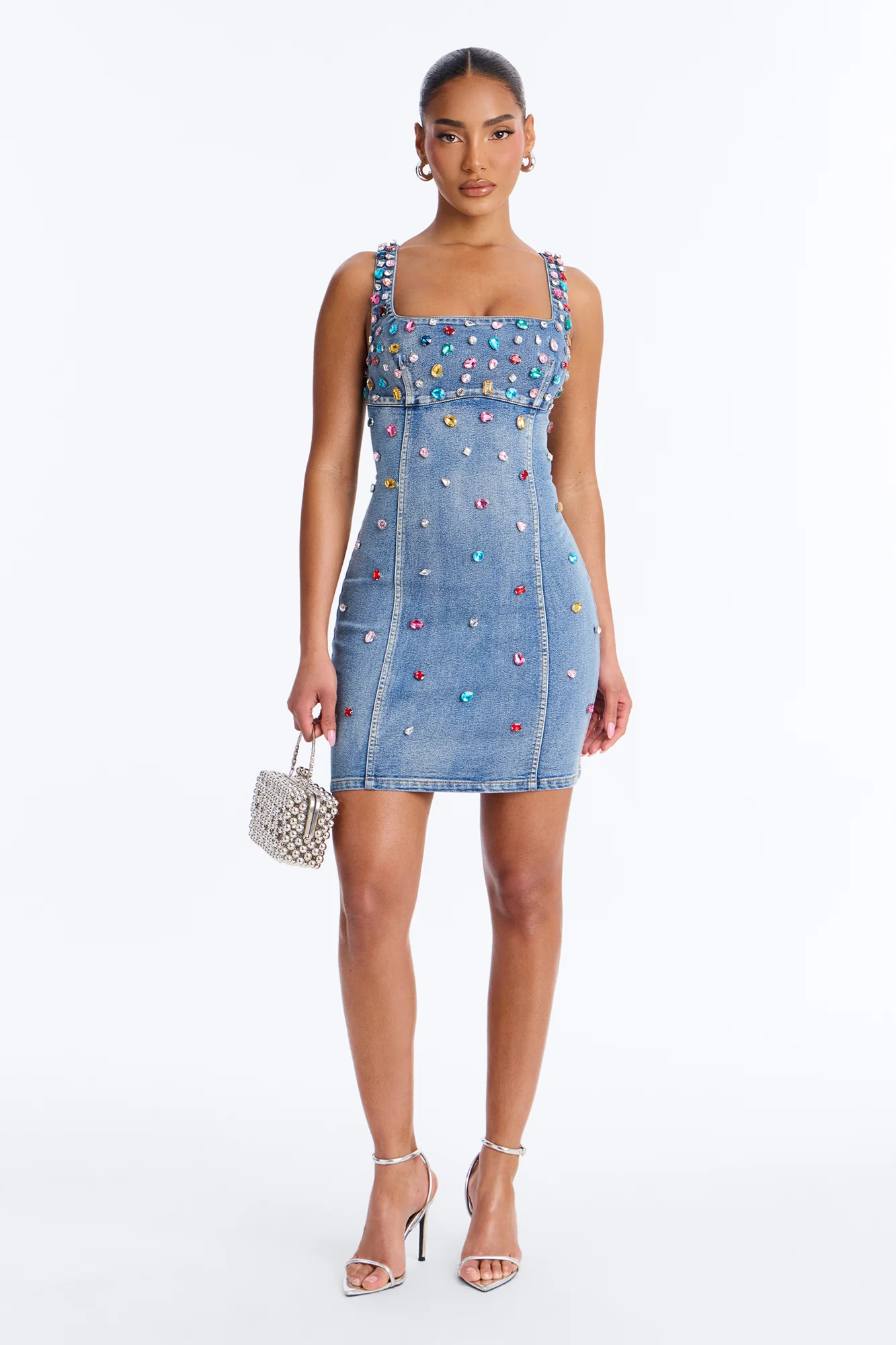 What A Gem Rhinestone Denim Mini Dress - Denim - Image 2
