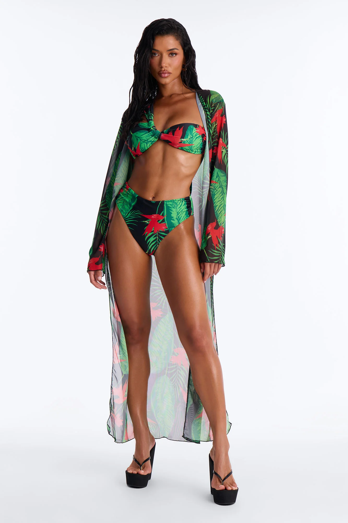 Where The Summer Never Ends Tropical Floral One Shoulder High Waist Maxi 3 Piece Bikini Kimono Set - Green/combo