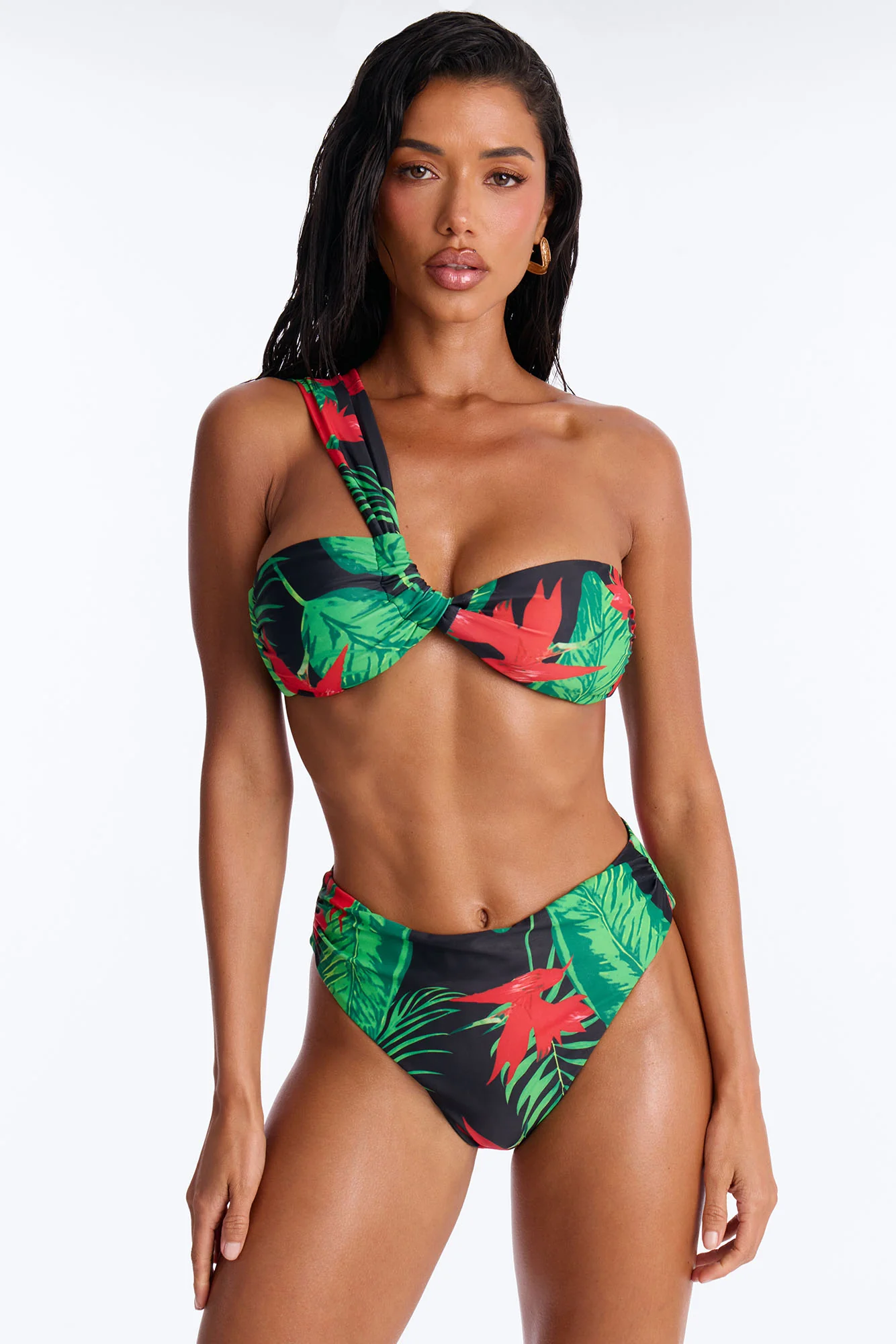 Where The Summer Never Ends Tropical Floral One Shoulder High Waist Maxi 3 Piece Bikini Kimono Set - Green/combo - Image 2