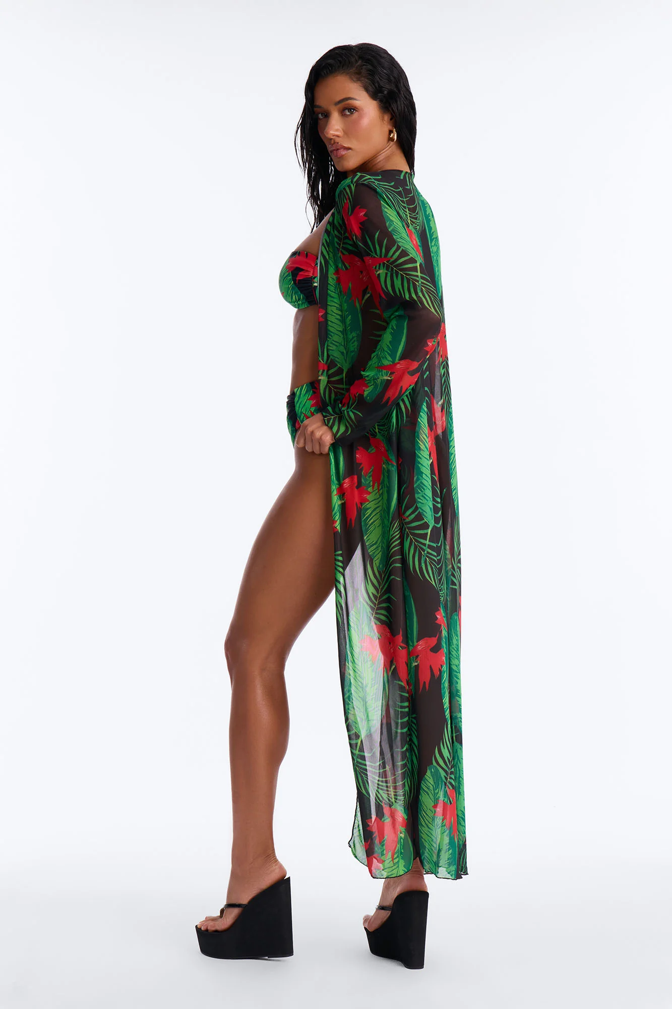 Where The Summer Never Ends Tropical Floral One Shoulder High Waist Maxi 3 Piece Bikini Kimono Set - Green/combo - Image 4