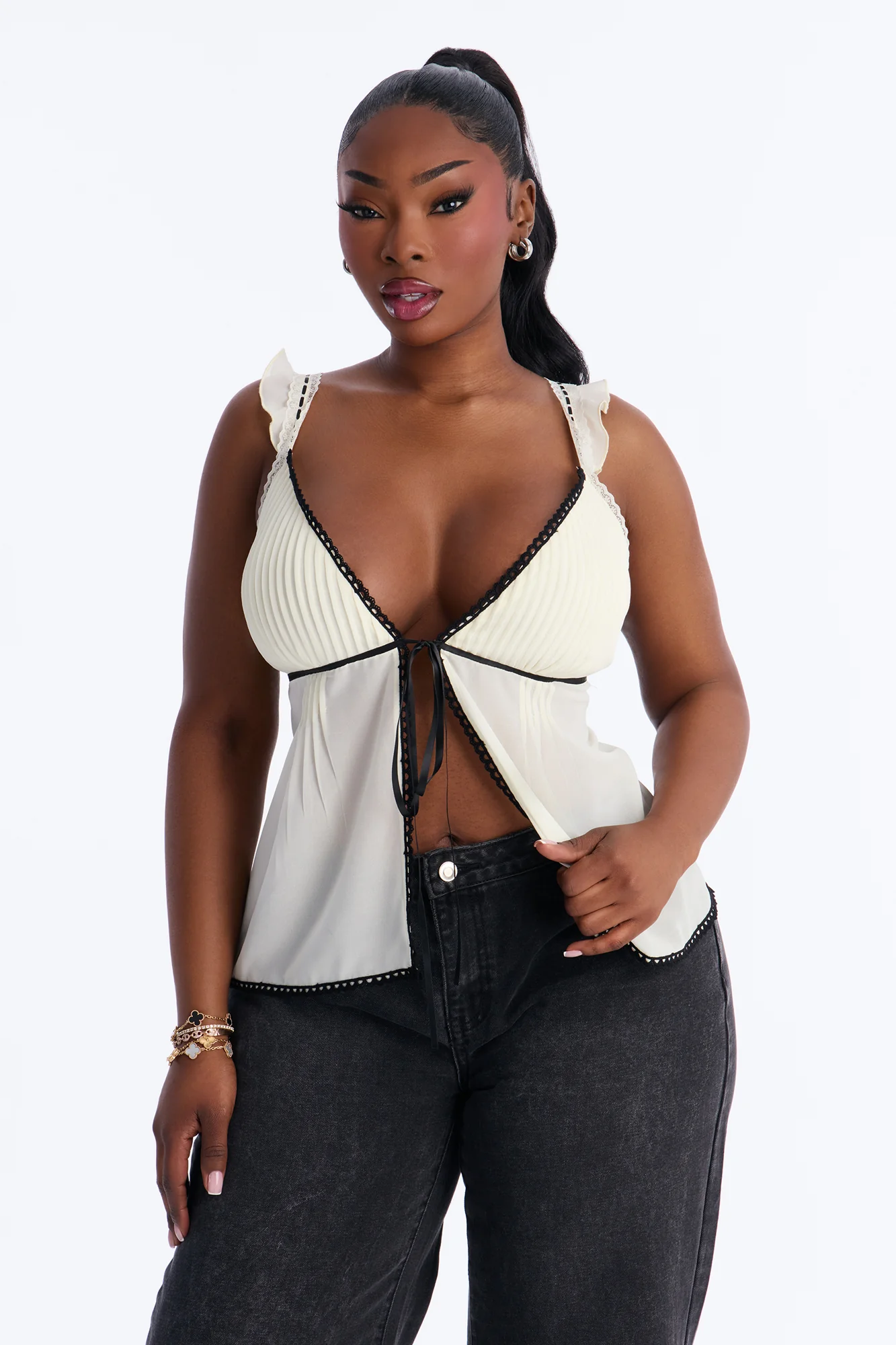 Whispering Glamour Contrast Chiffon Flyaway Top - Cream/combo - Image 5