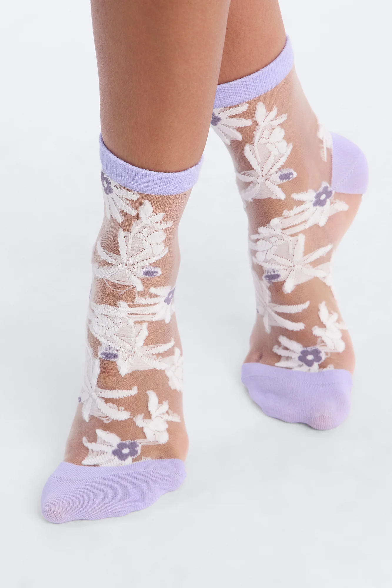 White Flowers Sheer Crew Socks - Purple/combo - Image 2