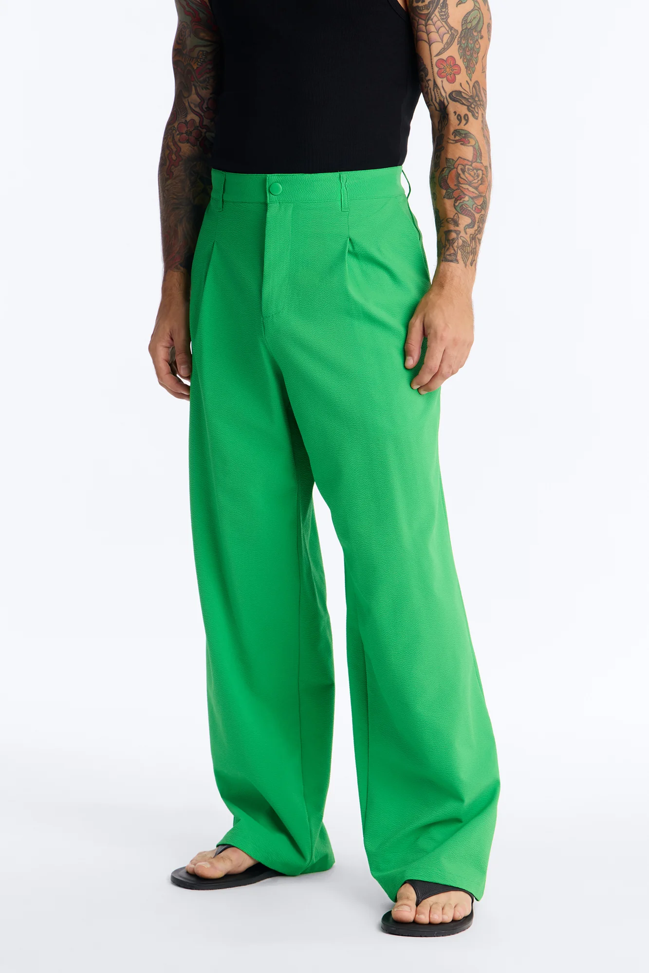 Wide Leg Textured Seersucker Trouser - Green