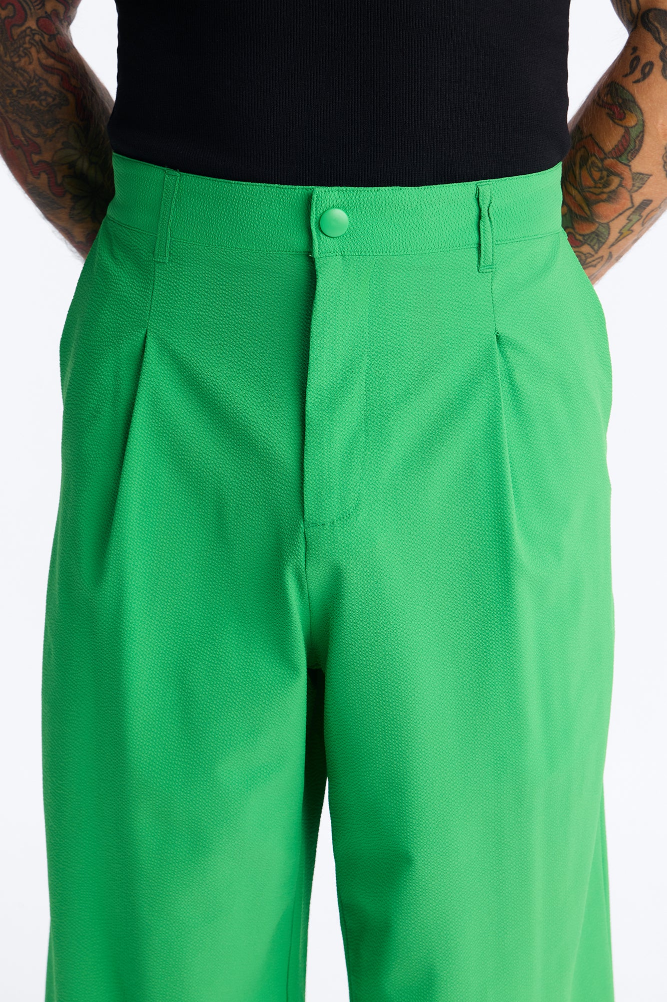 Wide Leg Textured Seersucker Trouser - Green - Image 3