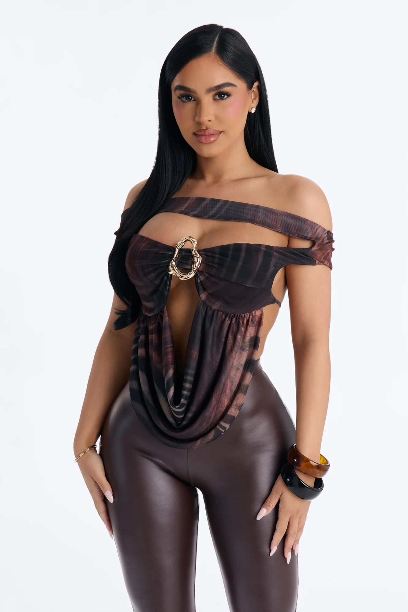 Wild Dusk Mesh Off Shoulder Cut Out Top - Brown/combo