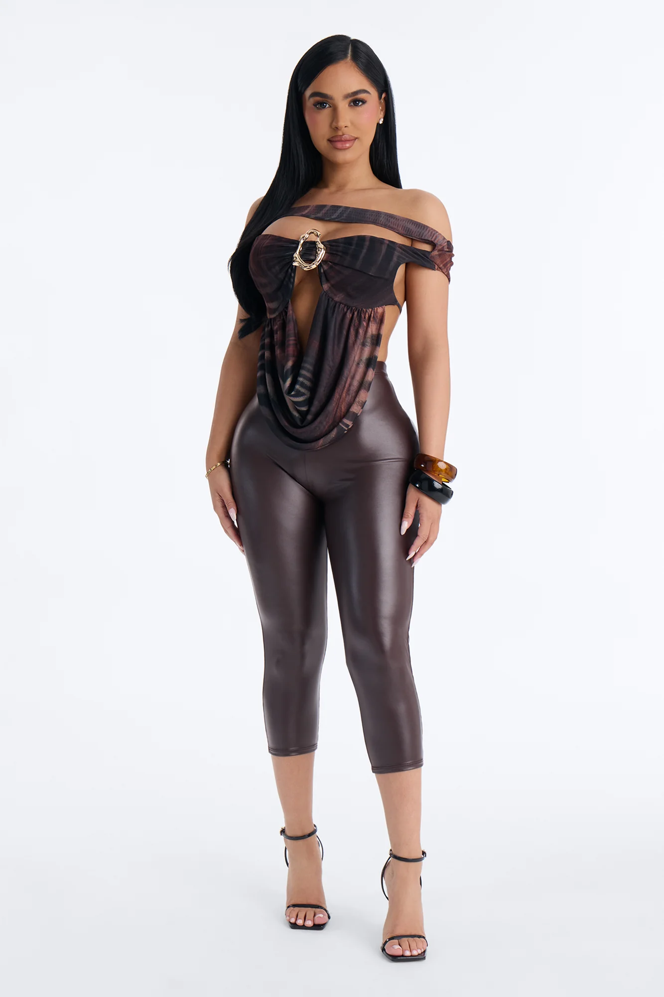 Wild Dusk Mesh Off Shoulder Cut Out Top - Brown/combo - Image 2
