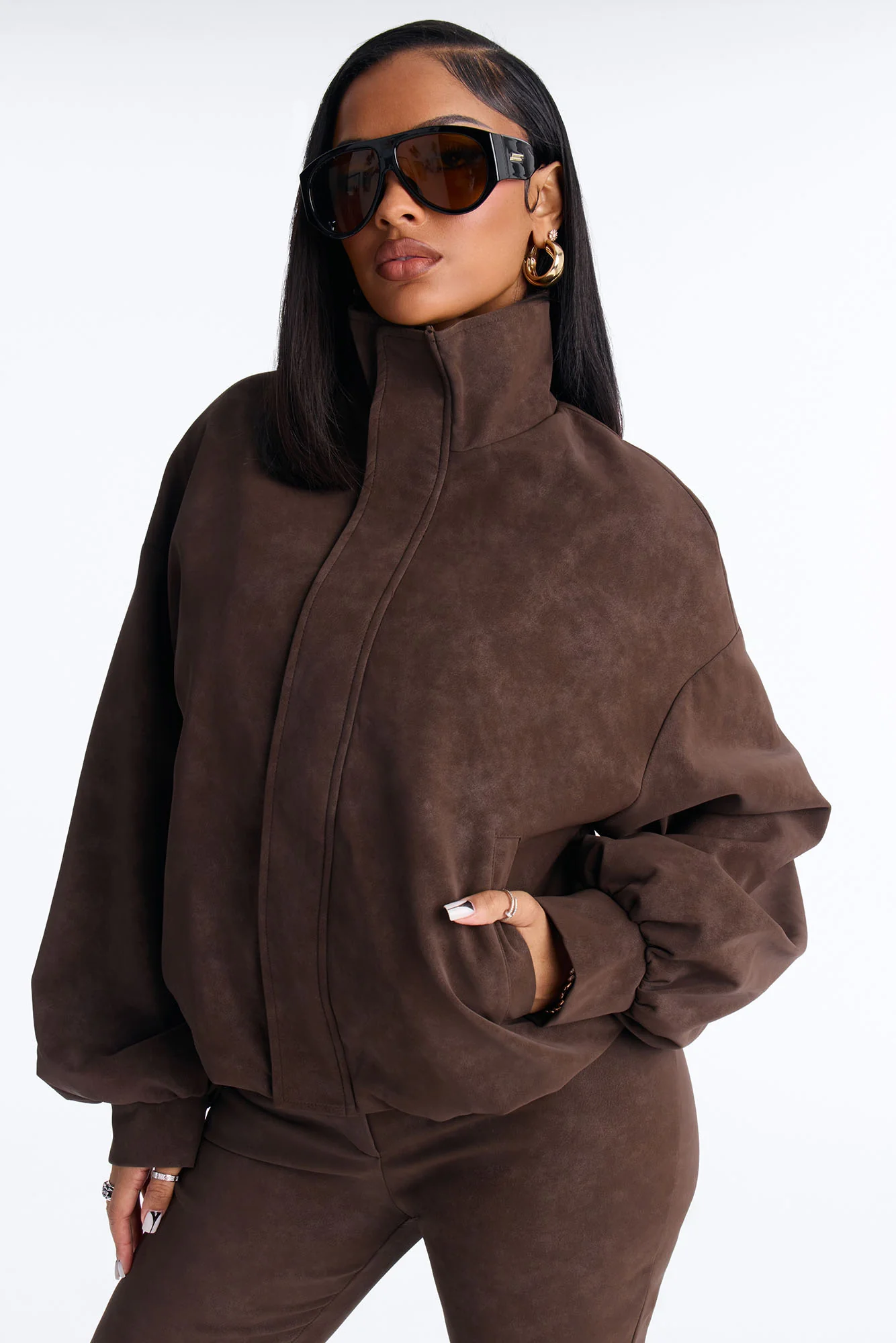 Wild Edge Faux Suede Bomber Jacket - Brown - Image 3