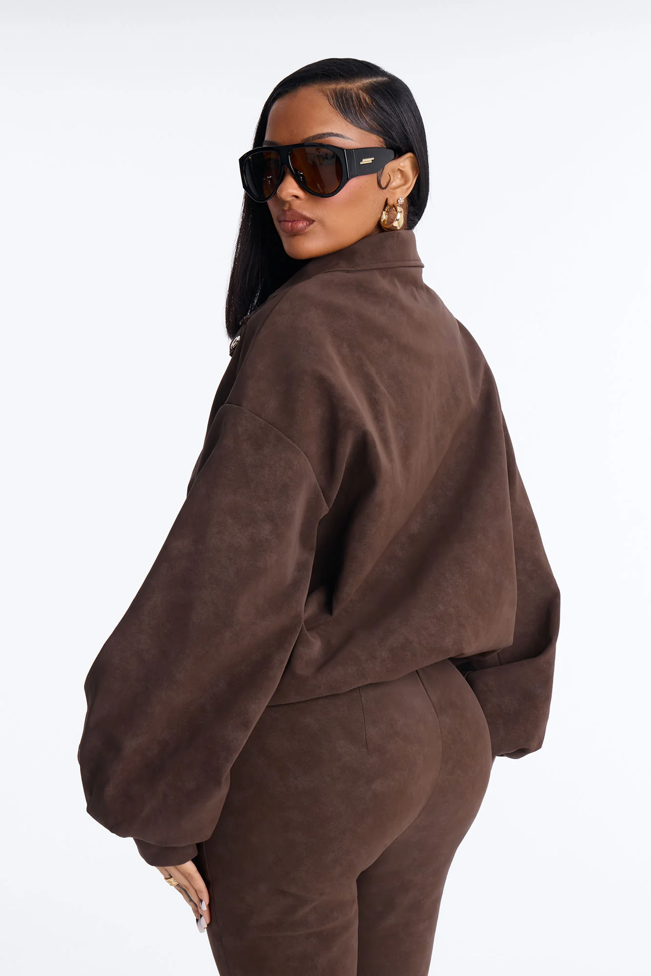 Wild Edge Faux Suede Bomber Jacket - Brown - Image 4