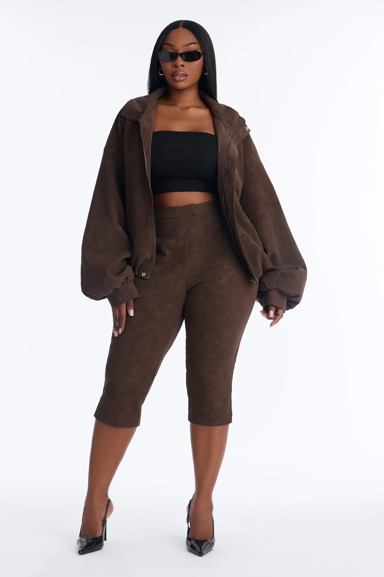 Wild Edge Faux Suede Bomber Jacket - Brown - Image 6