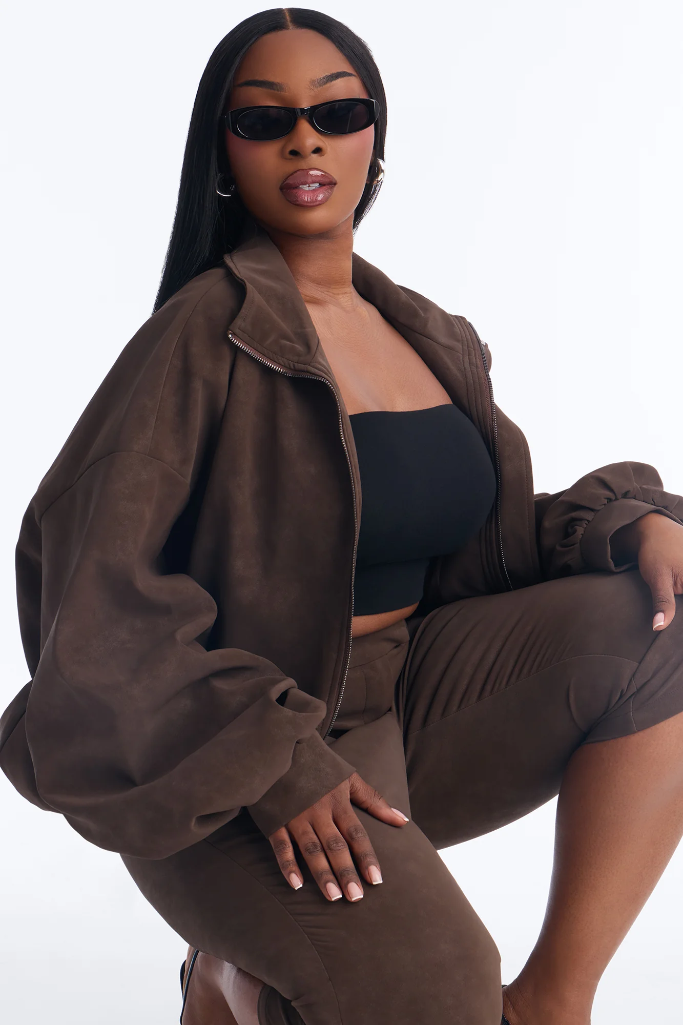 Wild Edge Faux Suede Bomber Jacket - Brown - Image 7