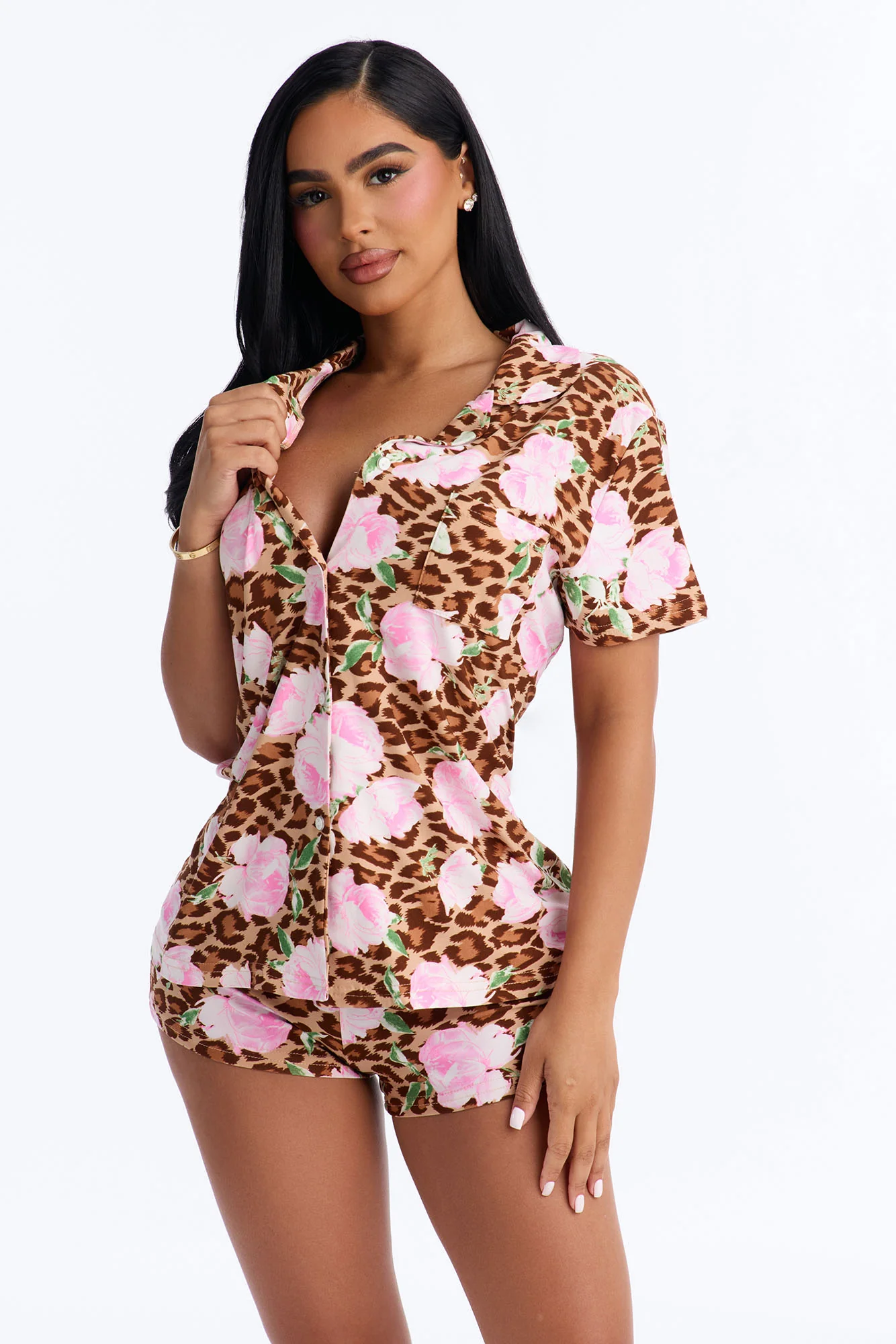 Wild Roses PJ Short Set - Brown/combo - Image 2