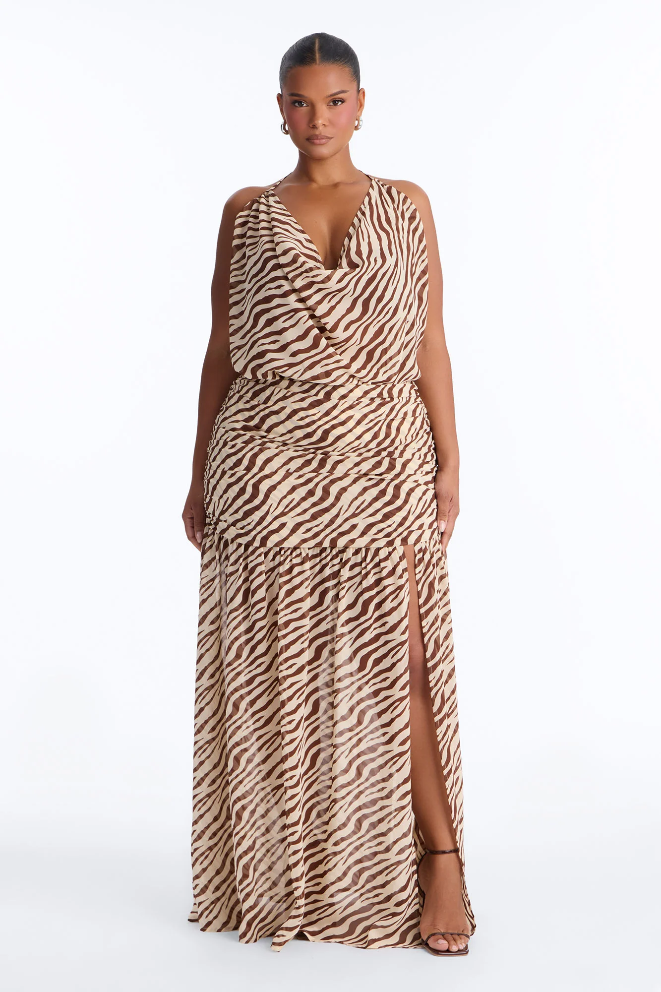 Wildcard Zebra Chiffon Cowl Neck Maxi Skirt Set - Brown Combo - Image 7