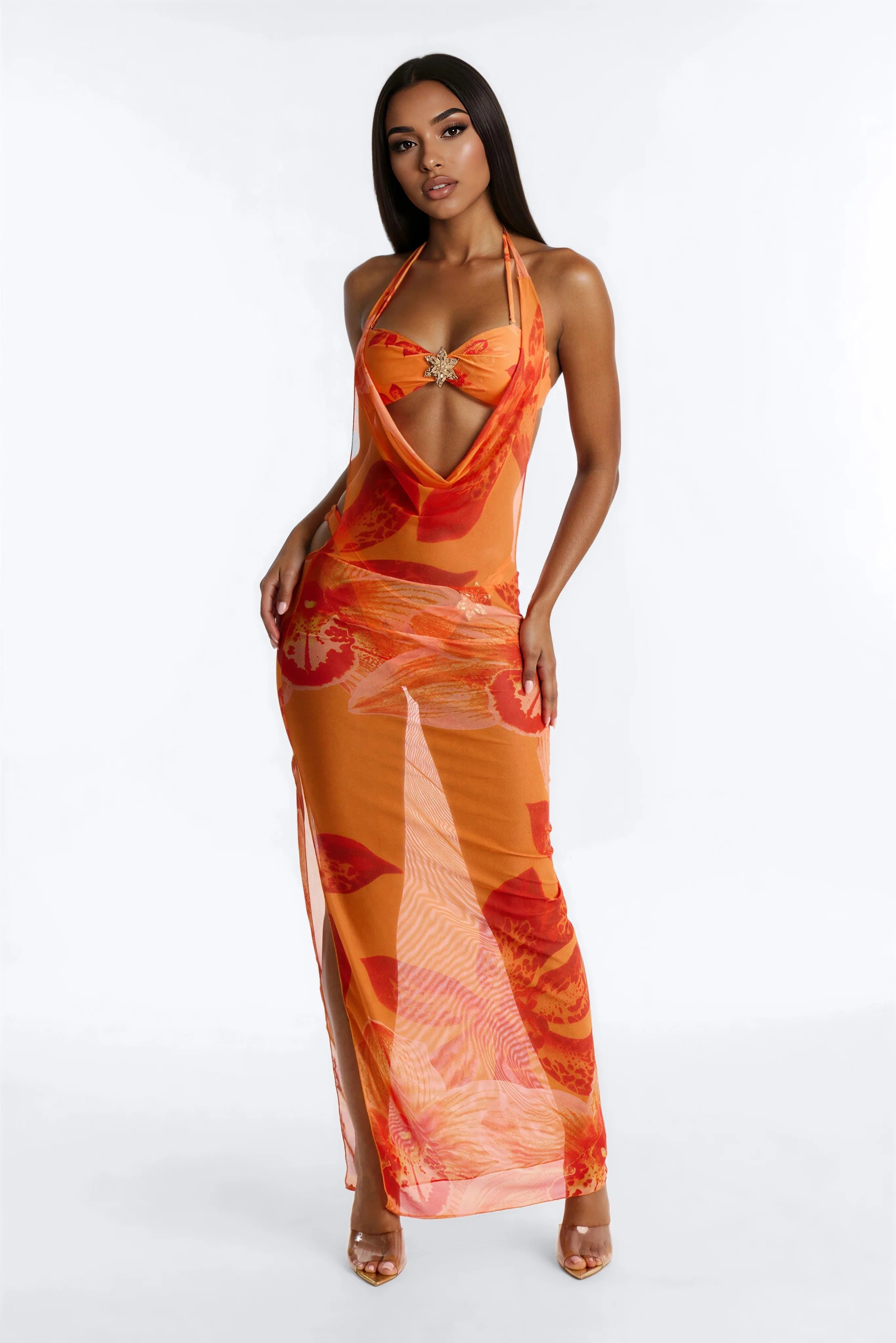 Willa Floral 3 Piece Bikini & Cover Up Cowl Neck Dress Sunsuit - Orange/combo