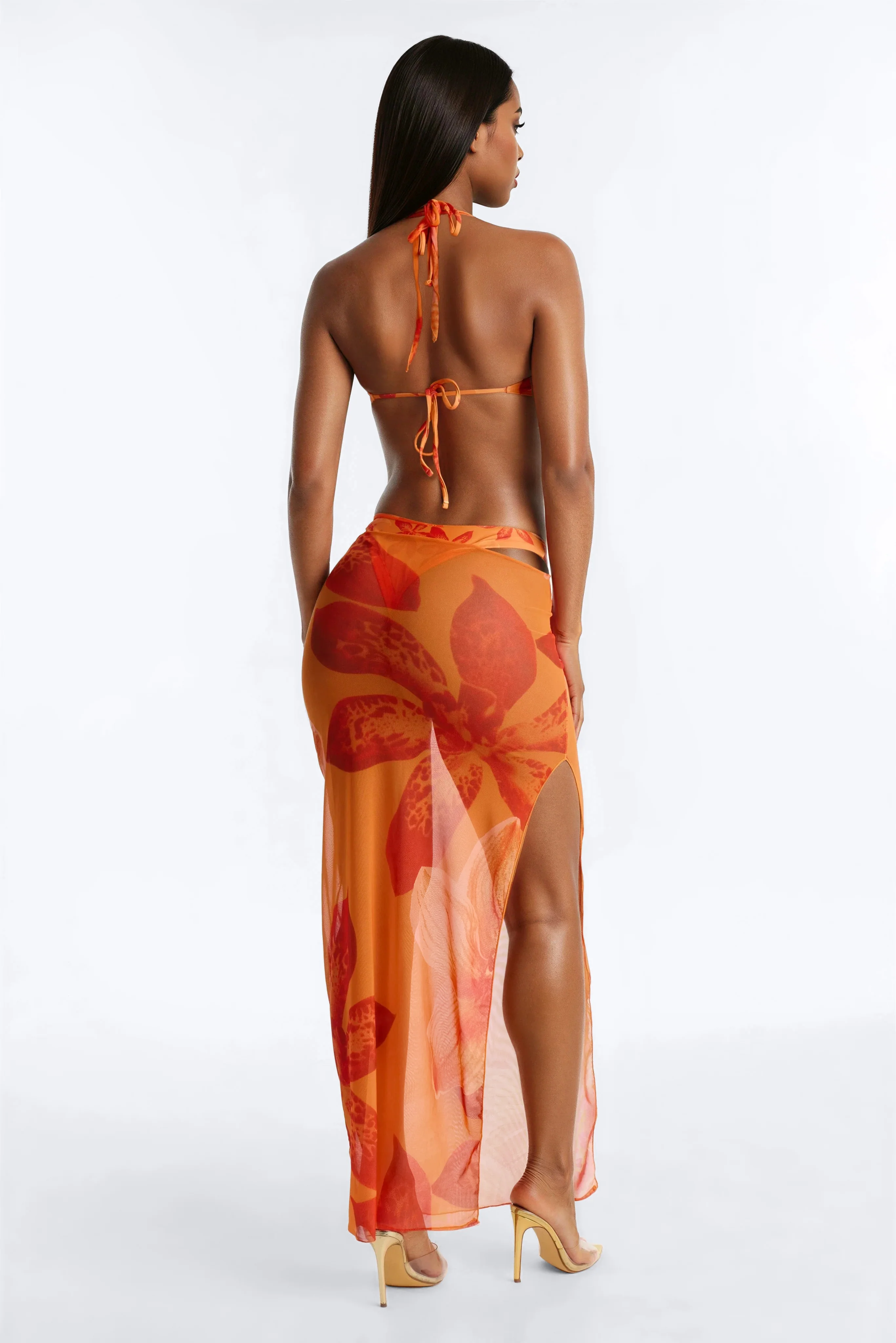 Willa Floral 3 Piece Bikini & Cover Up Cowl Neck Dress Sunsuit - Orange/combo - Image 5