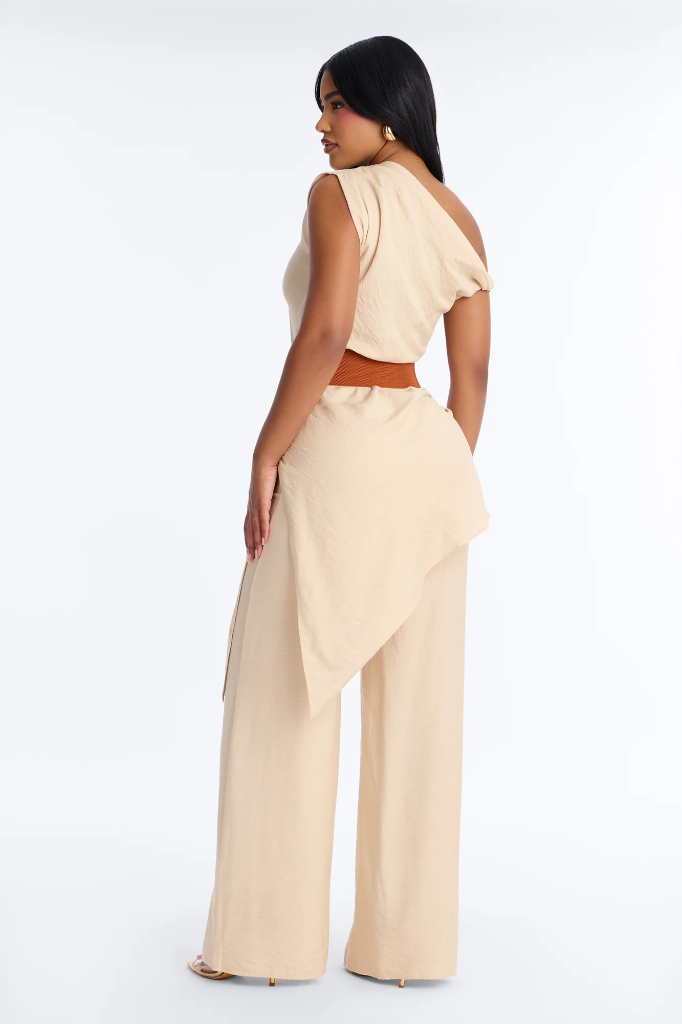 Willow Belted Asymmetrical Pant Set - Beige - Image 4