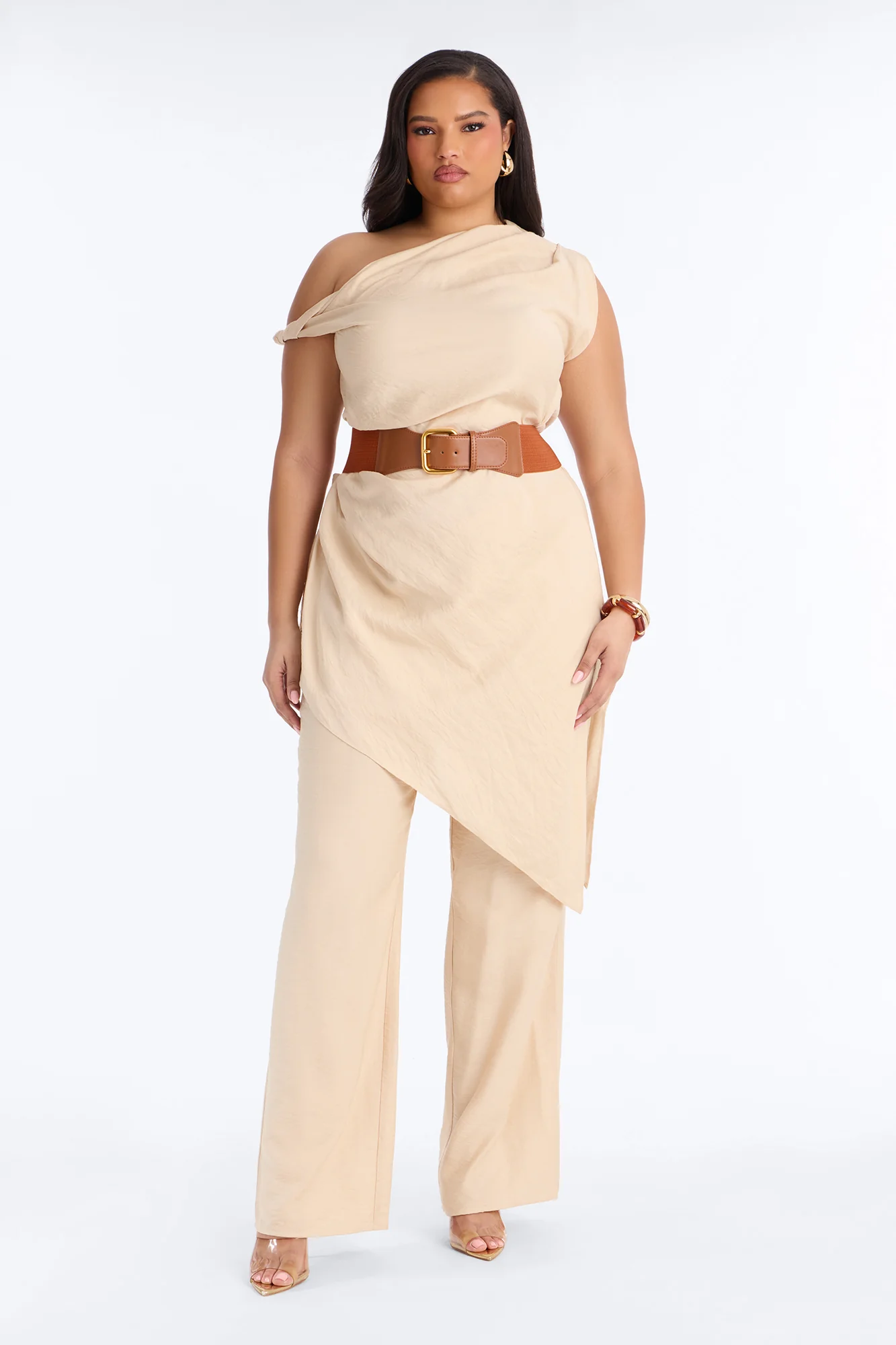 Willow Belted Asymmetrical Pant Set - Beige - Image 5