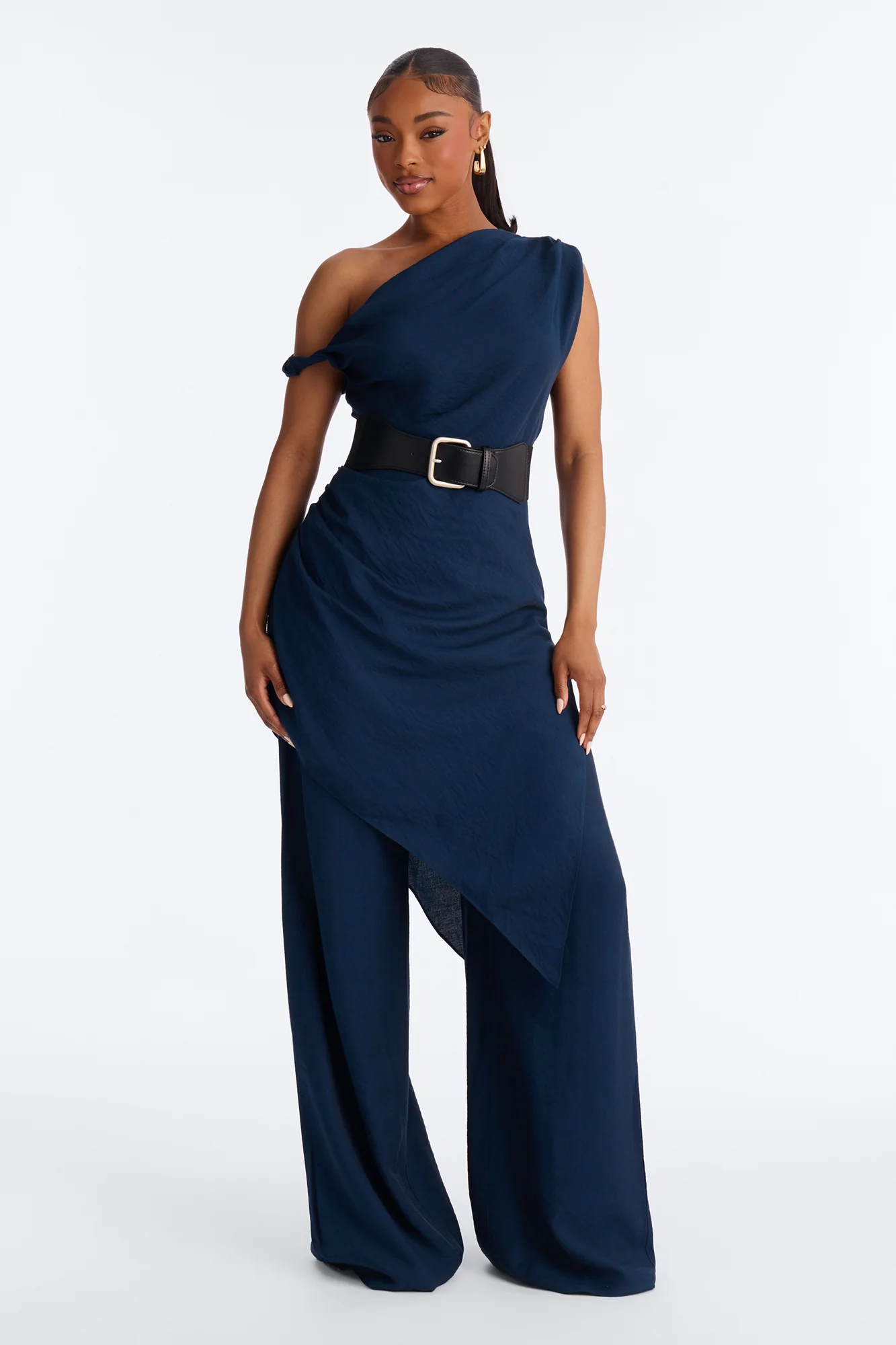 Willow Belted Asymmetrical Pant Set - Navy