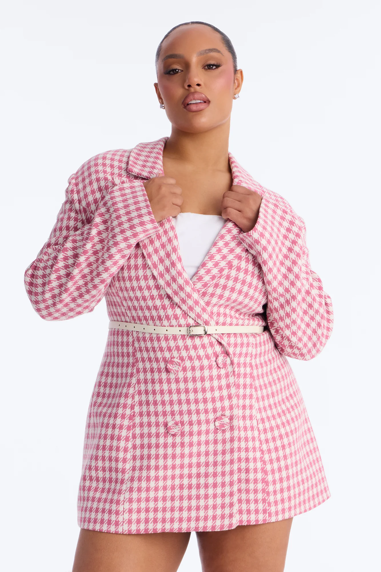 Winifred Belted Houndstooth Blazer - Pink/combo - Image 4