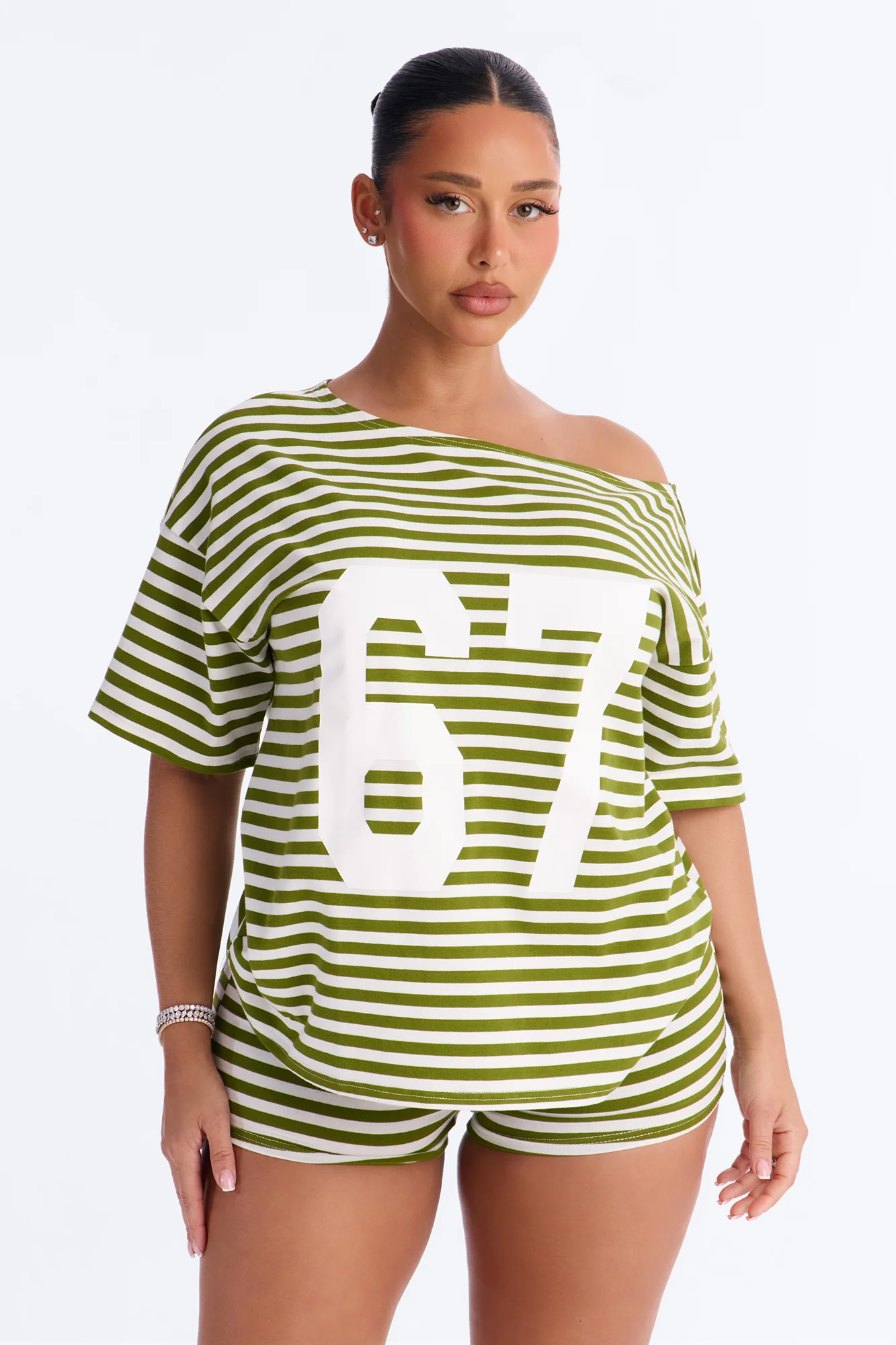 Winning Streak Off Shoulder Striped Short Set - Green/combo - Image 2
