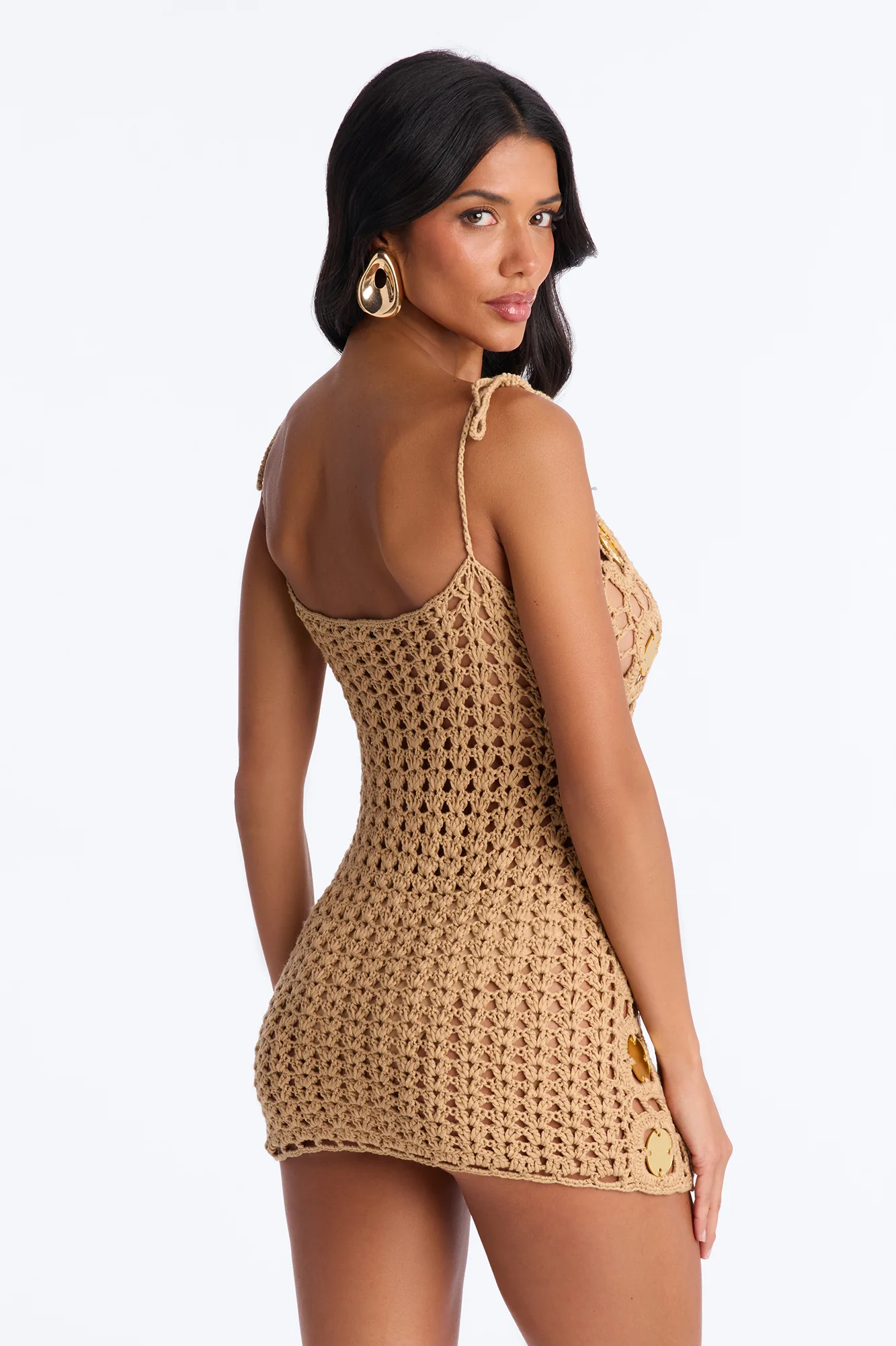 Wish Me Luck Sheer Crochet Mini Dress - Gold - Image 4