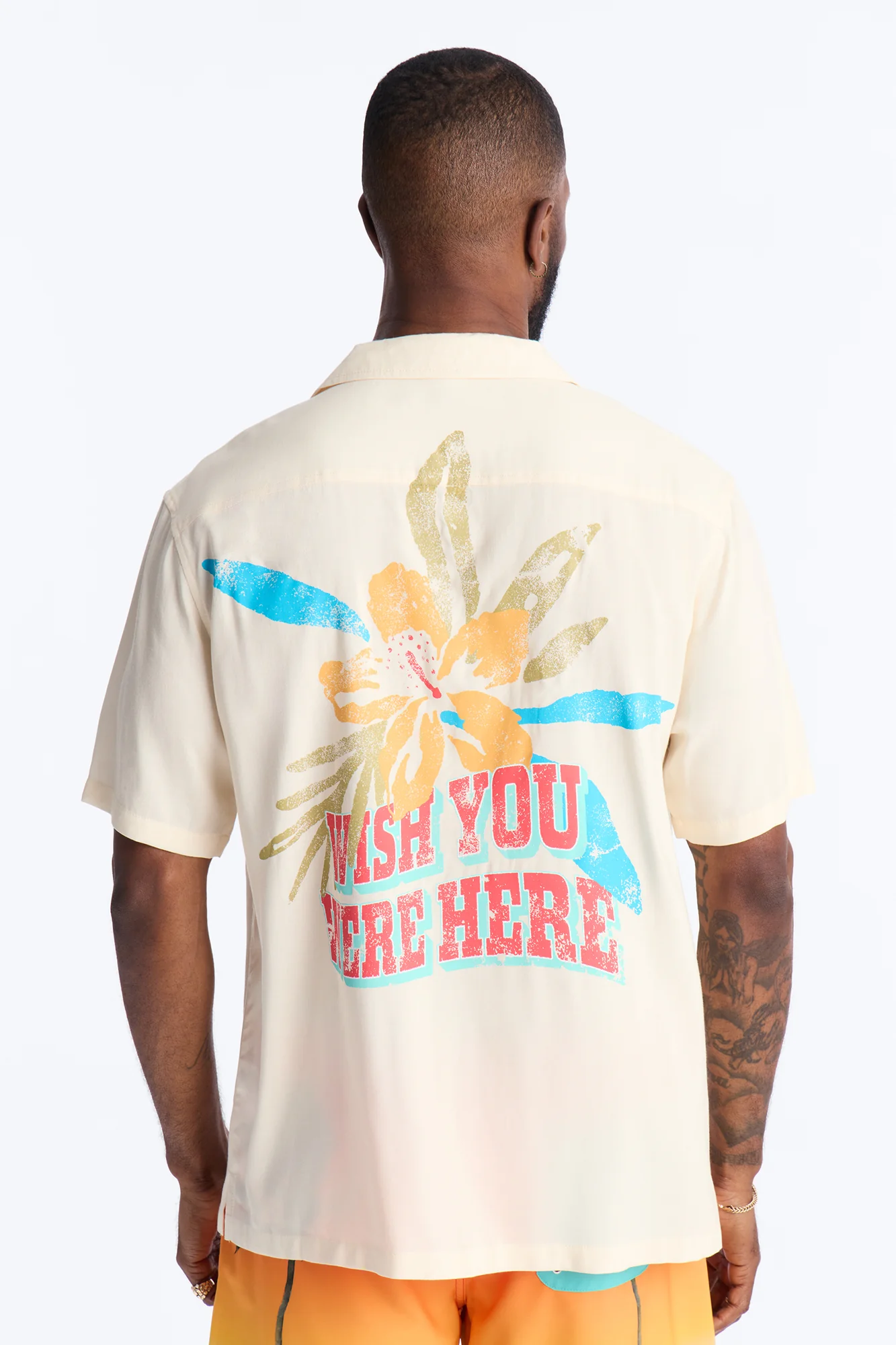 Wish You Were Here Postcard Short Sleeve Cuban Collar Shirt - Cream