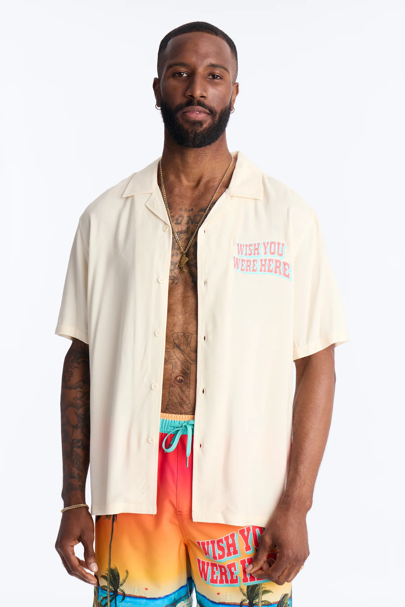 Wish You Were Here Postcard Short Sleeve Cuban Collar Shirt - Cream - Image 4